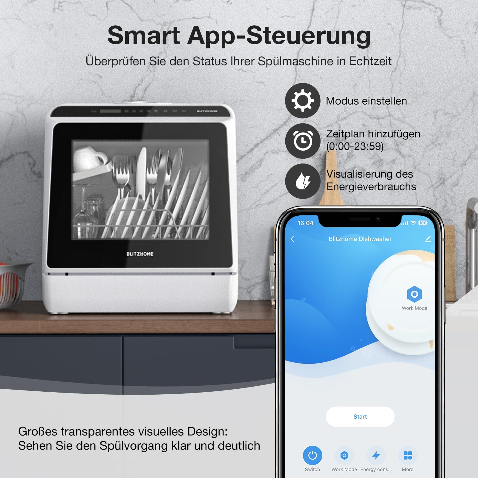 BLITZHOME Mini Spülmaschine, 6 Programme Tragbarer Tischgeschirrspüler mit 5L Wassertank, App Steuerung, Trockenfunktion