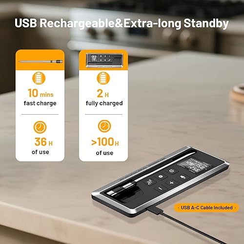Miniatura 4 de Termómetro inalámbrico para carne con temporizador inteligente y control de aplicación, termómetro Bluetooth de 800 pies para parrilla, sonda
