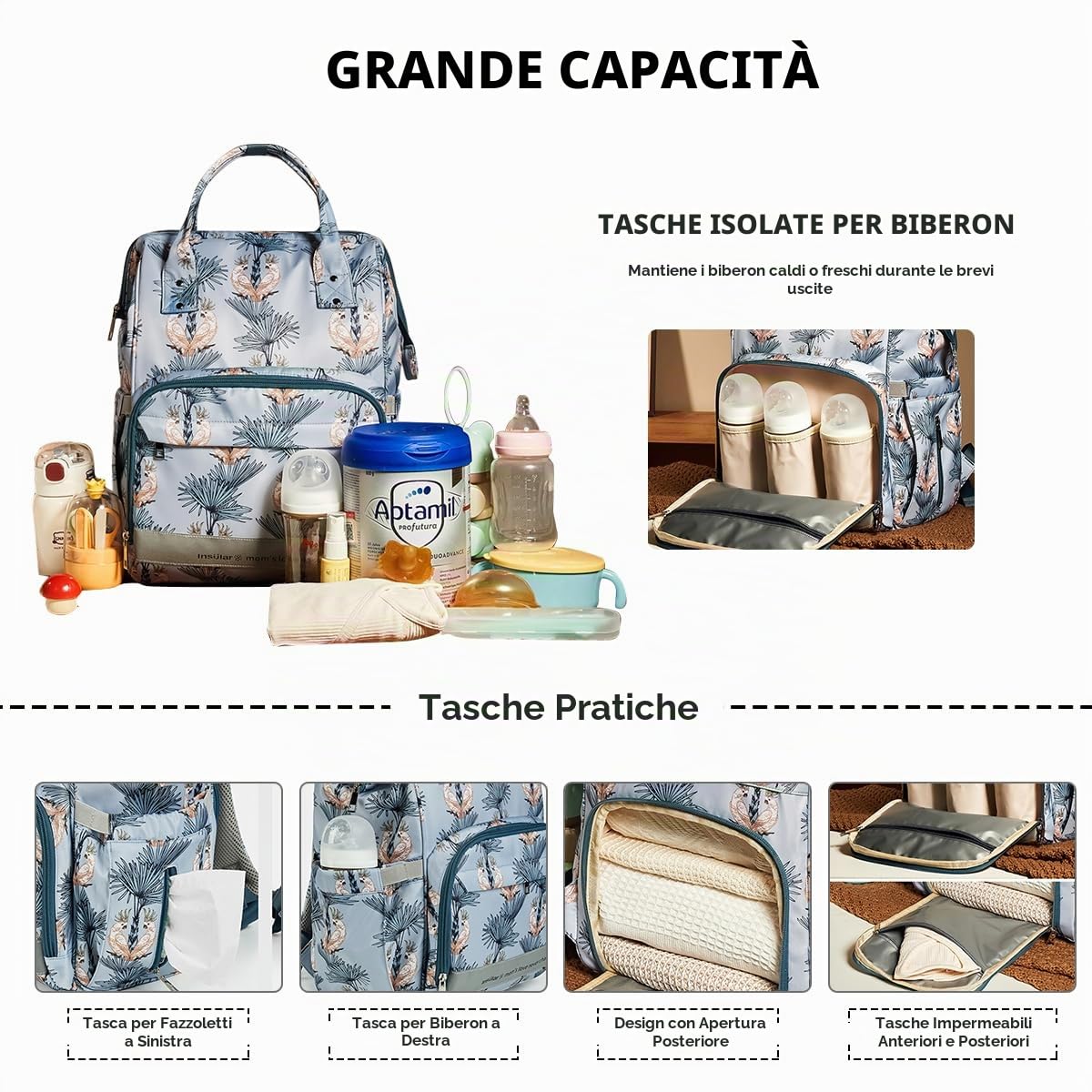 SONARIN Multifunzionale Nylon Zaino Fasciatoio,Grande Capacità Impermeabile Borsa per Pannolini Zaino Mamma Neonato Borsa Fasciatoio da Viaggio con Fasciatoio & Ganci per Passeggino(Pappagalli)