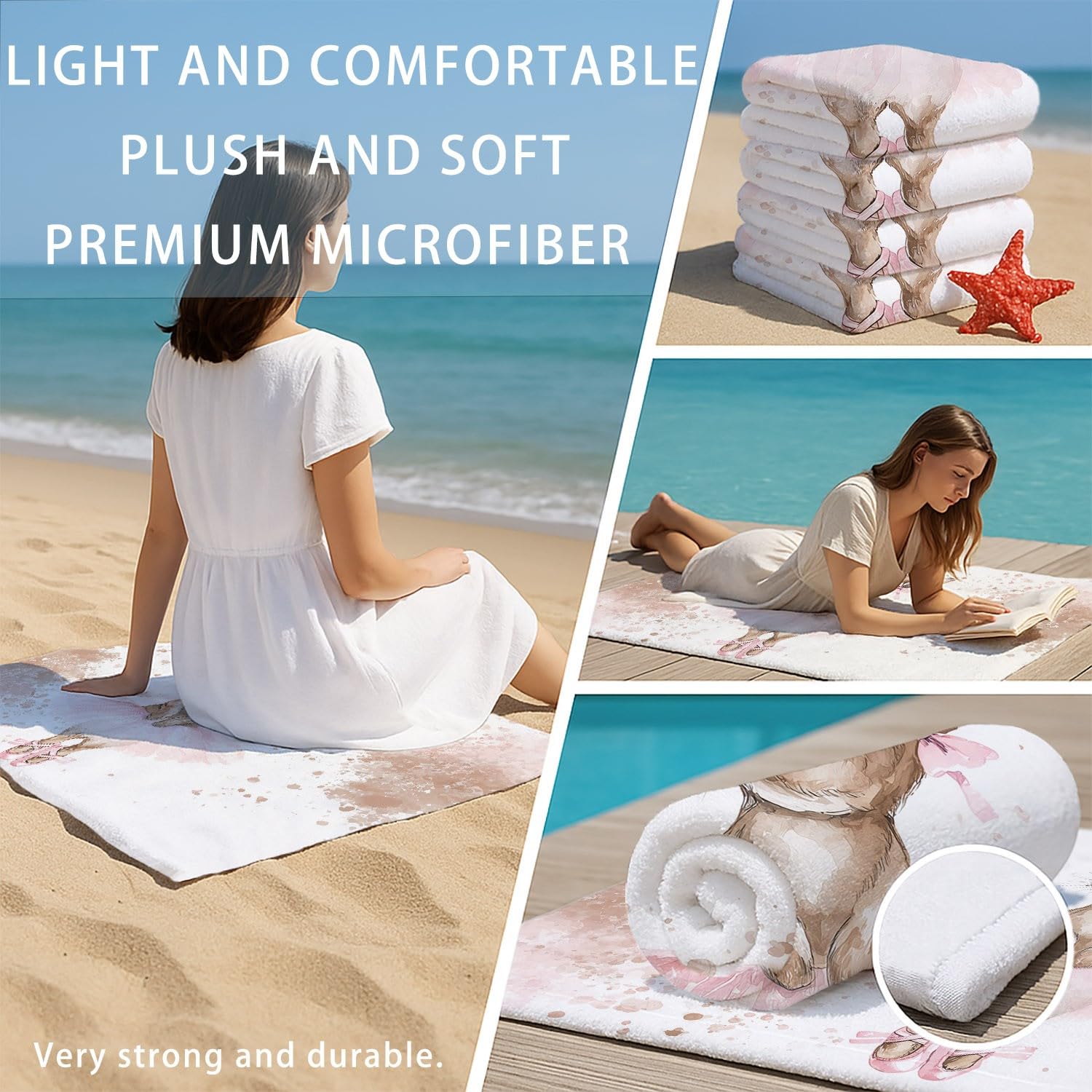 Grande Serviette de Plage 180 x 100 CM,Drap de Plage Microfibre,Couverture de Plage Absorbante Rapide pour Élégant, Onirique, Fantaisiste, Aquarelle Lapin Brun aux Oreilles Roses, Tutu de Ballet