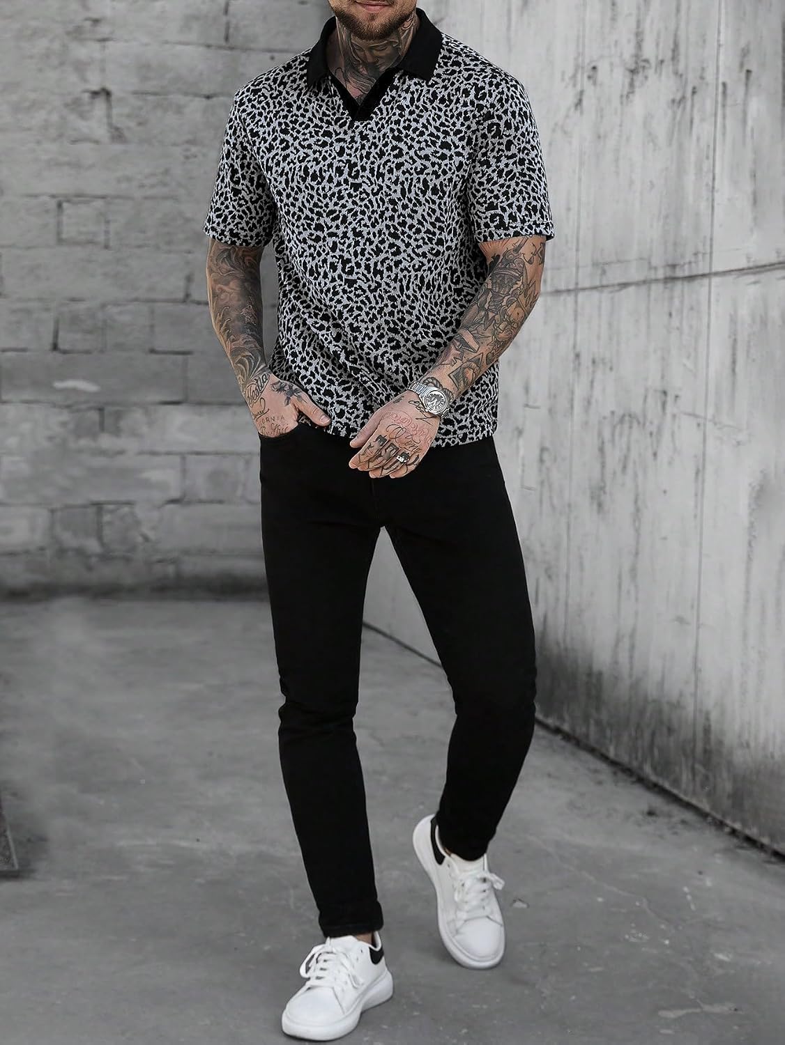 SOLY HUX Men's Leopard Cheetah Print Golf Shirts Short Sleeve Vintage Collared V Neck Summer Knitted Casual Shirt