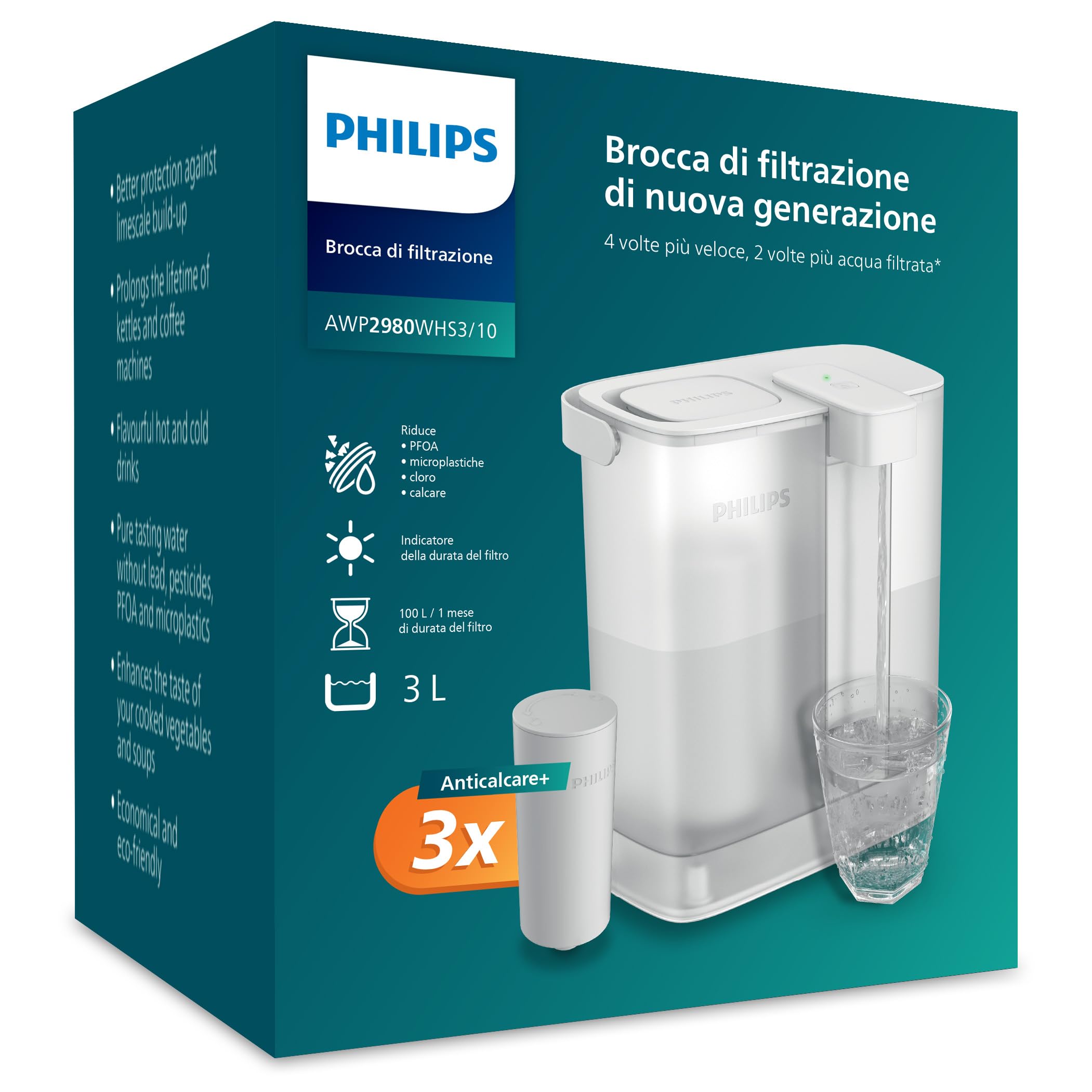 Philips Water Caraffa filtrante Instant (3 L) – 3× filtro Anticalc+ – Riduce calcare e cloro, migliora il gusto delle bevande calde