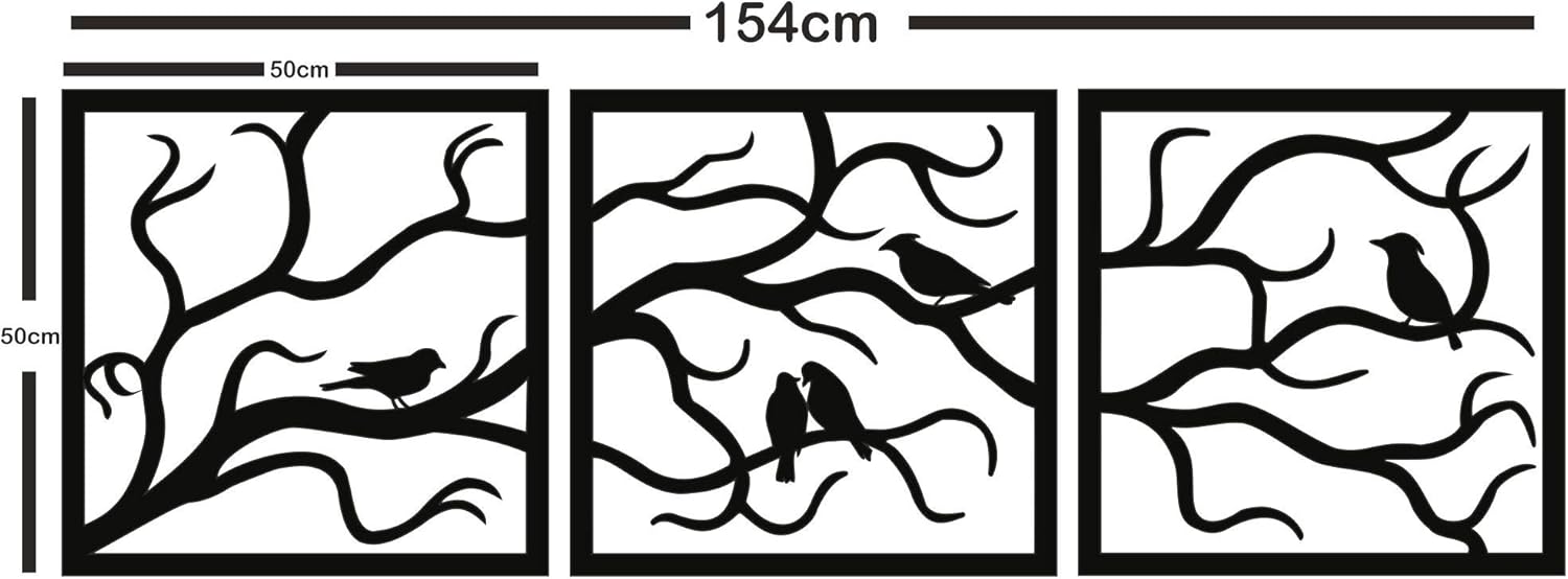 DEKADRON Metal Wall Art, Birds on Branch 3 Pieces, Metal Tree Wall Art, Tree Sign, Metal Wall Decor, Interior and Outdoor Decoration, 3 Panels Wall Hangings (60" W x 20" H / 154x50cm)