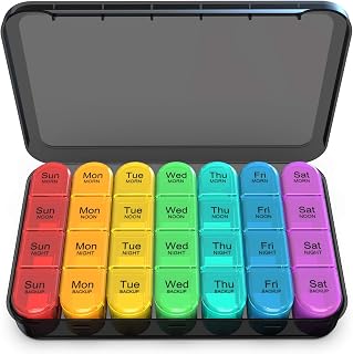 Weekly Pill Organizer, Travel Pill Box Case (7-Day / 4-Times-A-Day) with Big Compartments to Hold Plenty of Fish Oils, Vitamins, Morning noon Night Medication Dispenser (Rainbow)