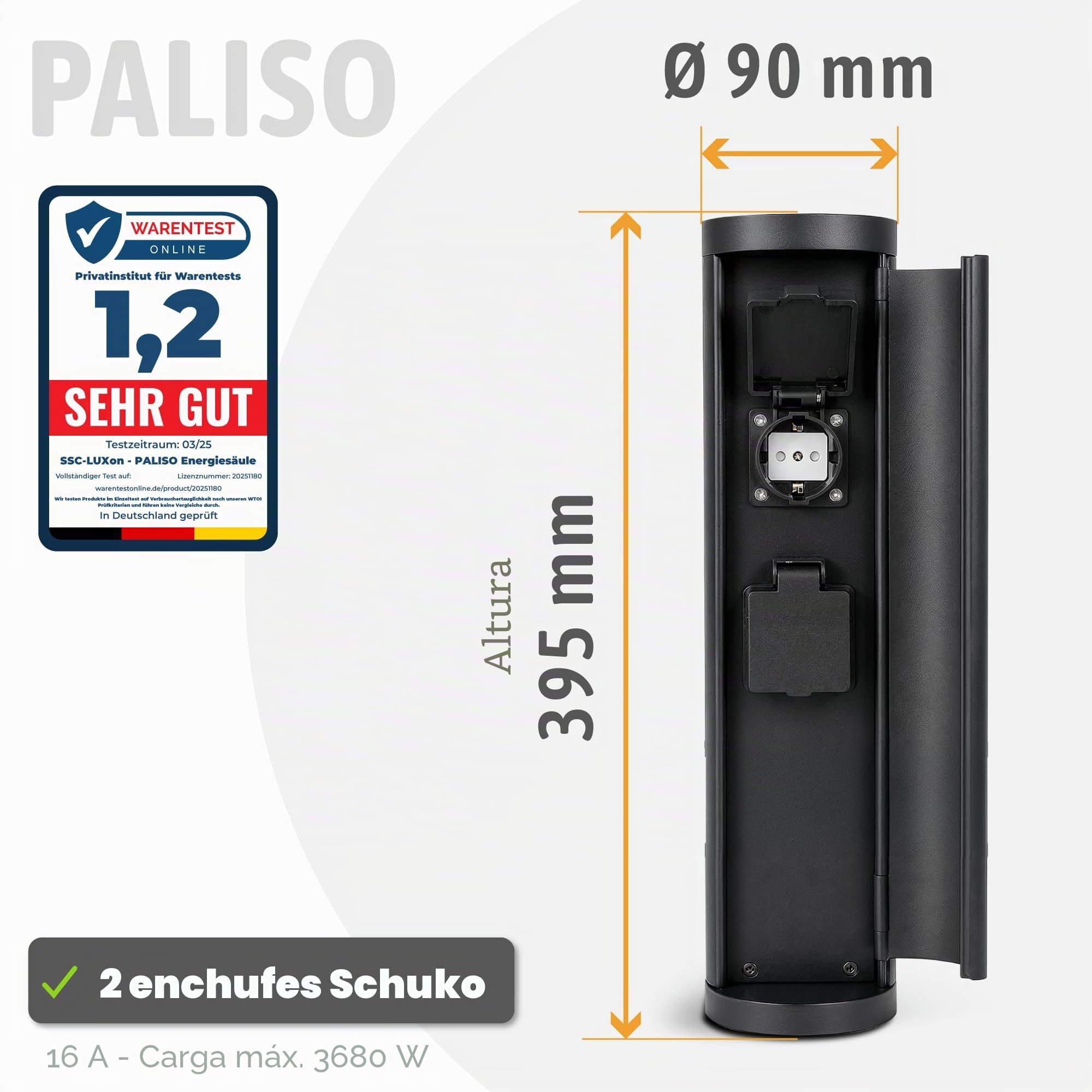 SSC-LUXon PALISO Design - Columna de enchufes con 2 enchufes para jardín y exterior, columna de energía con puerta, color negro, IP44, altura 39,5 cm