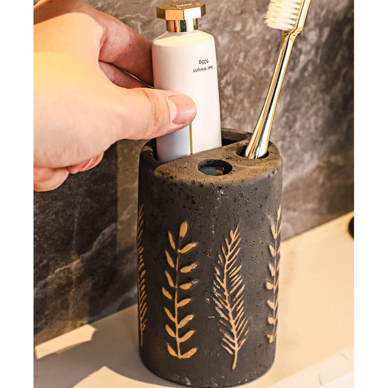 Juegos de Accesorios de baño, Acesorios Cuartos de Baño 5 Piezas con Dispensador Jabon Baño, Jabonera Baño, Porta Cepillo de Dientes, Bandeja, para Champú Gel de Ducha Cerámica Marrón