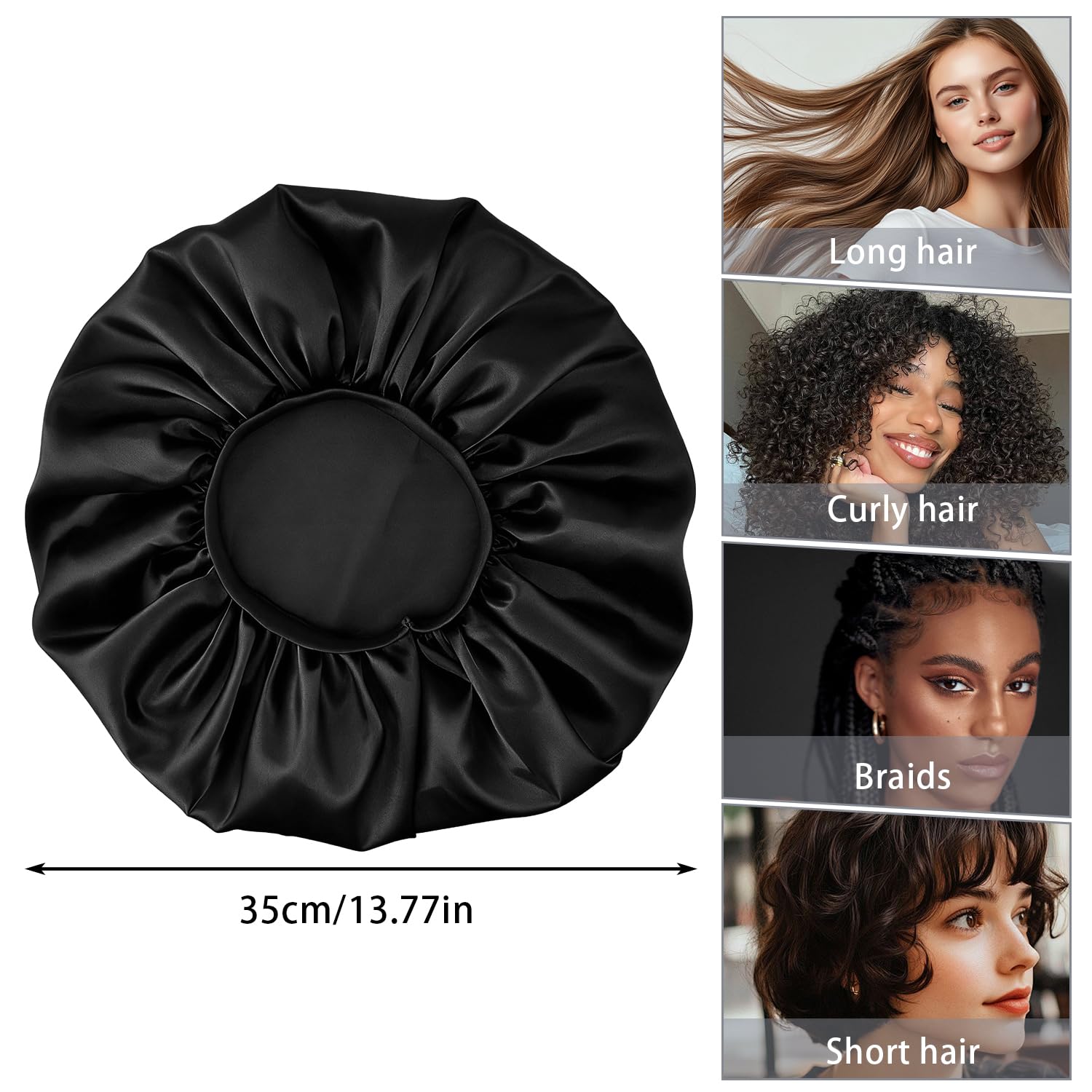 Gorro de Satén para Dormir | Gorro con Banda Elástica Ancha | Gorro para Cabello Rizado Trenzas Afro y Rastas (Negro)