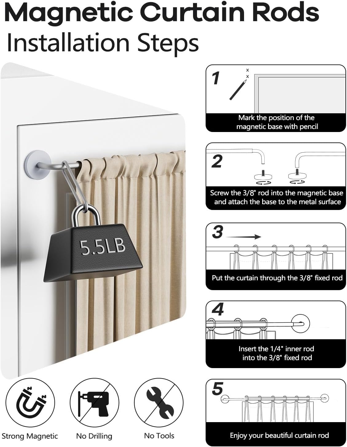 2 Pack Magnetic Curtain Rods for Metal Door, Adjustable 18 to 30 Inch Rod for Cafe Doors, 3/8 Inch Diameter Magnet Rods Magnetic Café Rod for French Door Cafe Window(Nickel, 2Pack)
