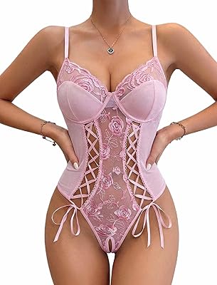 Avidlove Women's Lace Up Front V Neck Bustier Lingerie Sexy One Piece Teddy Lingerie Bodysuit Boudoir Outfit
