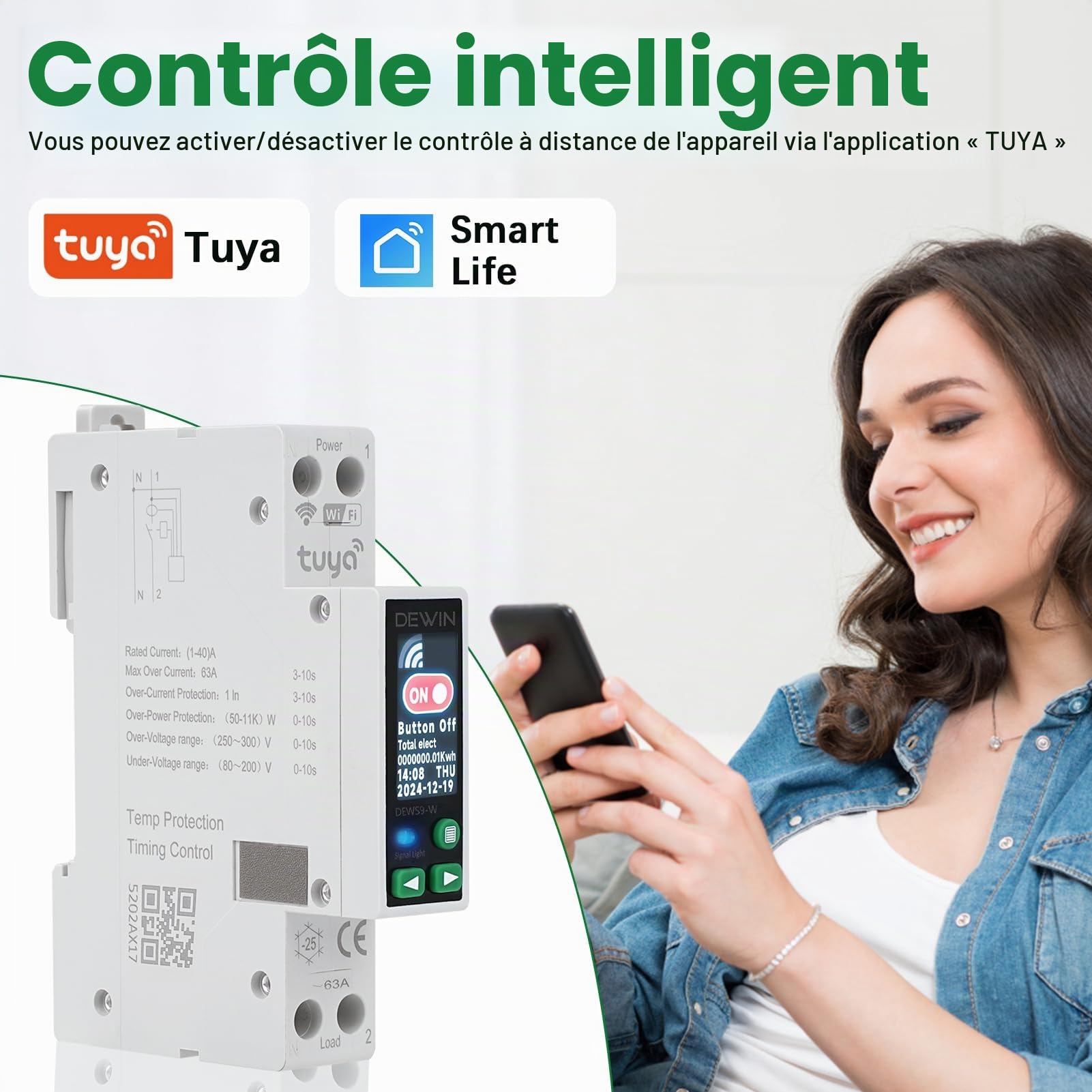 DEWIN Disjoncteur WiFi rail DIN, Tuya WiFi Smart Circuit Breaker avec minuterie fonction Smart Meter et commande à distance pour Smart Home affichage LCD 40A AC 230V