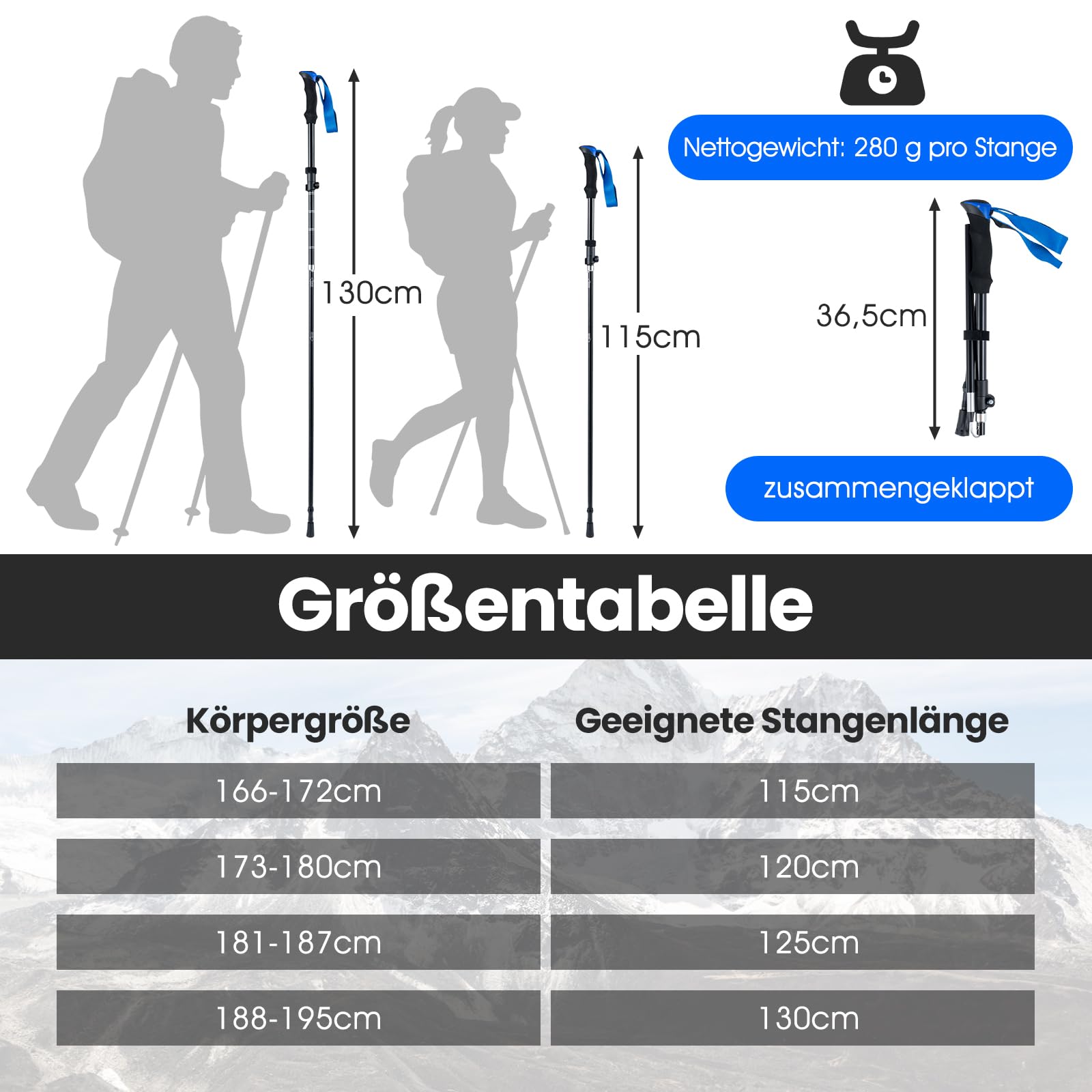 COSTWAY Wanderstöcke faltbar 7075 Aluminium, Nordic Walking Stöcke für Damen und Herren, Teleskop Trekkingstöcke zum Wandern, Trekking und Skitouren