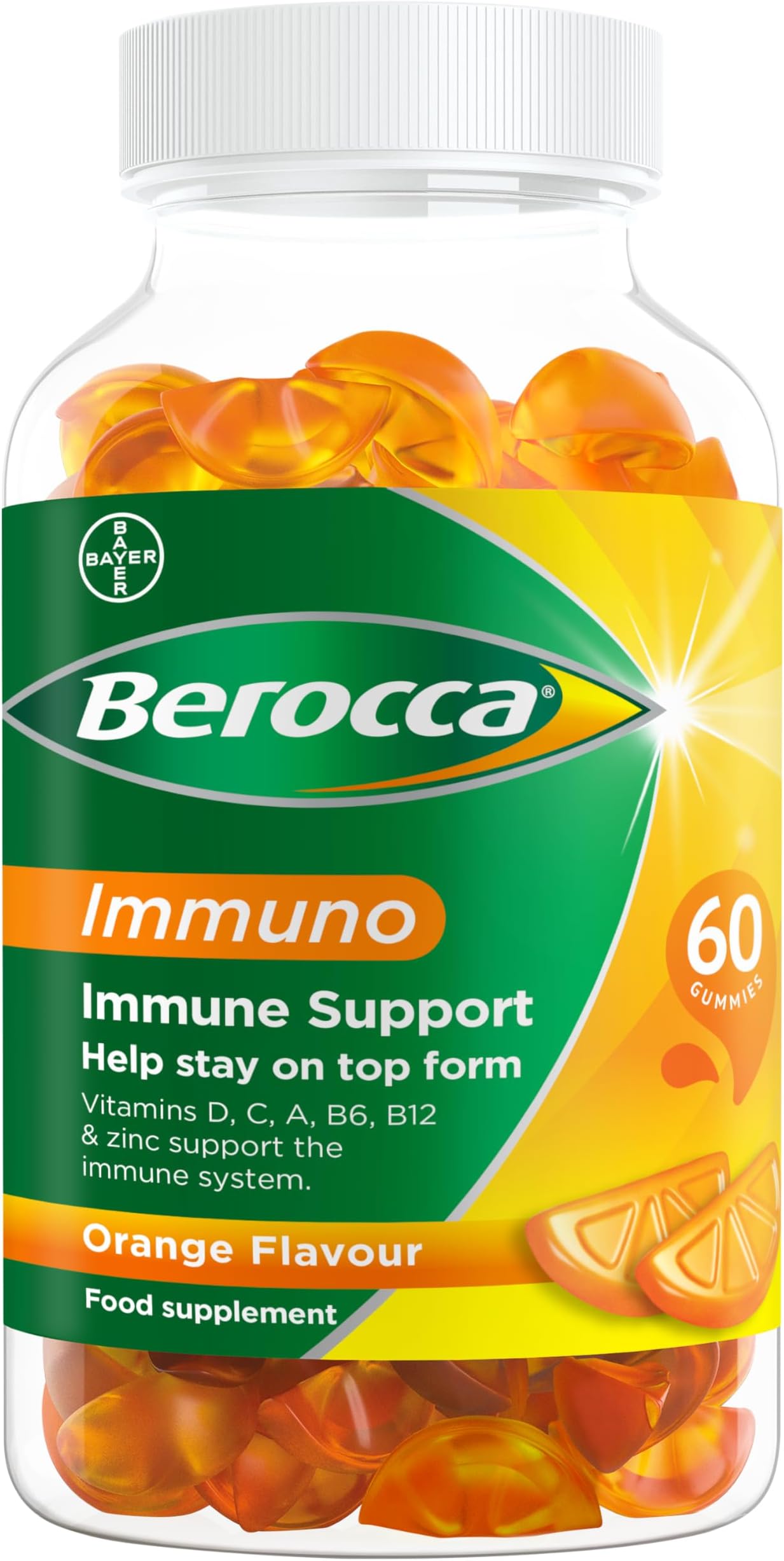 Berocca Immuno Multivitamin Gummies - Immune System Support Including Vitamin D, C, A, B-Complex (B6, B7, B12), E and Zinc - Supplement for Women, Men and Kids - 60 Gummies - Orange Flavour