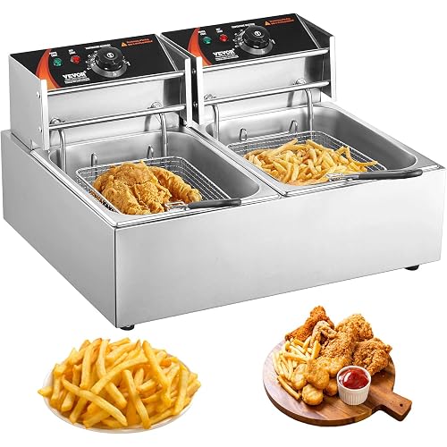 VEVOR Commercial Deep Fryer, Dual Tank 3000W Electric Countertop Fryer with Basket, 2 x 9.1Qt/8.6L Double Stainless Steel Oil Fryer, with Temp Control & Overheat Protection, for Kitchen Restaurant Use