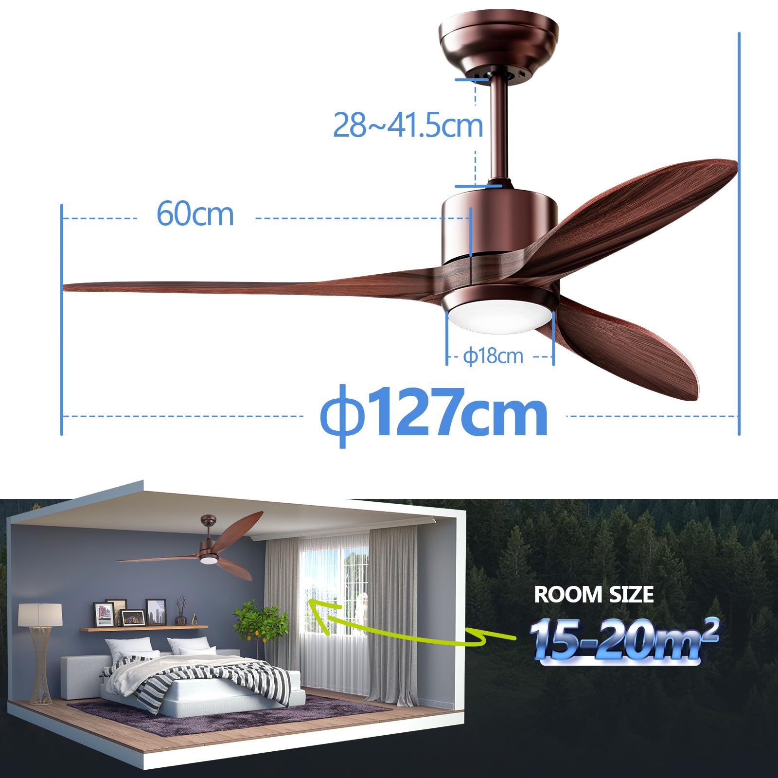 HOOLED Ventilatore da soffitto con luce DC Motore Brushless, 3 Lama Legno 50 inch, velocità del vento regolabile a 6 velocità con funzione di temporizzazione, luce LED regolabile in 3 colori