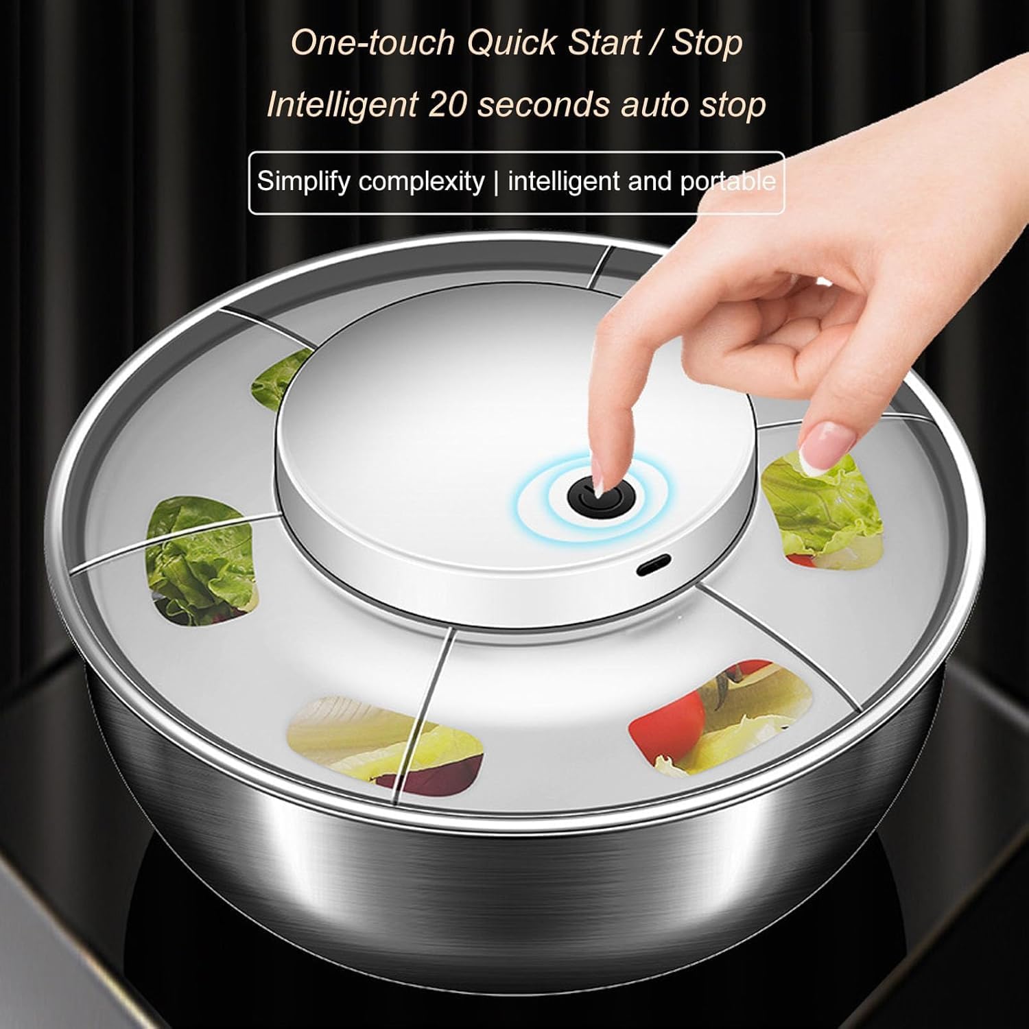 Electric Salad Spinner, Automatic USB Rechargeable Stainless Steel Lettuce Spinner Dryer with 4.8L Large Capacity for Greens Fruits Vegetables, Cordless Kitchen Gadget for Meal Prep