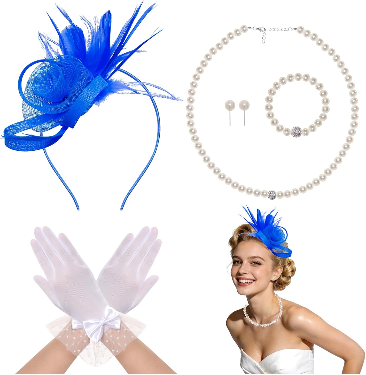 Heliltd Vintage Tea Party Fascinator Hat for Women Detachable Flower Hair Clip Headband with Pearls Gloves for Derby Cocktail
