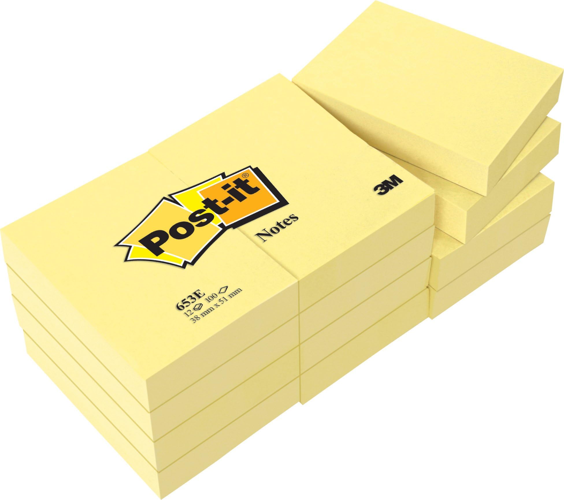 Post-it Notes Canary Yellow, Pack of 12 Pads,100 Sheets per Pad, 38 mm x 51 mm, Canary Yellow - Self-Stick Notes for Note Taking, to Do Lists & Reminders