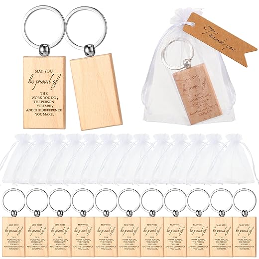Fuutreo 30 Sets Christmas Employee Gifts Coworker Appreciation Gift 30 Wooden Keychain 30 Thank You Tag 30 White Organza Bag for Christmas Volunteer Social Worker Gift DIY Craft