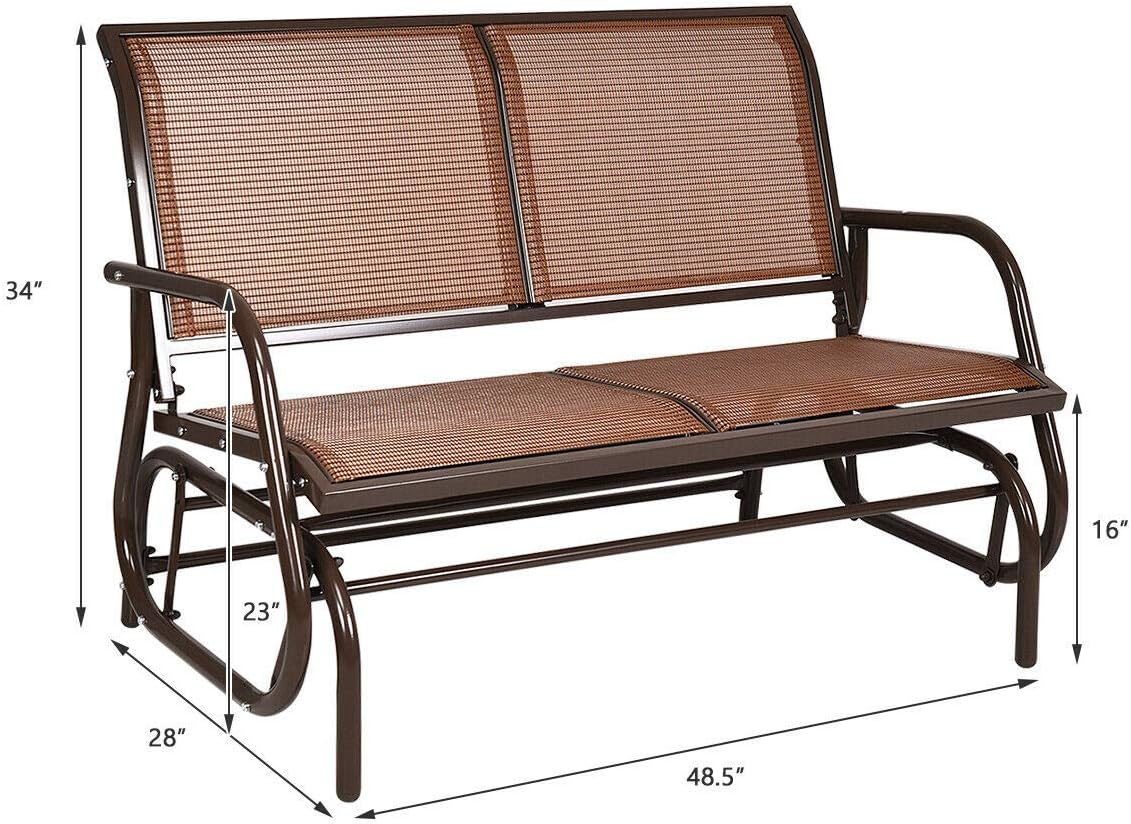 Home Garden Outdoor Living Patio Furniture Decor 48 Inches Swing Glider Brown Rocking Bench Backyard Lounge Loveseat Chair Curved Backrest Armrest Comfortable Seat Sturdy Steel Frame Durable Fabric