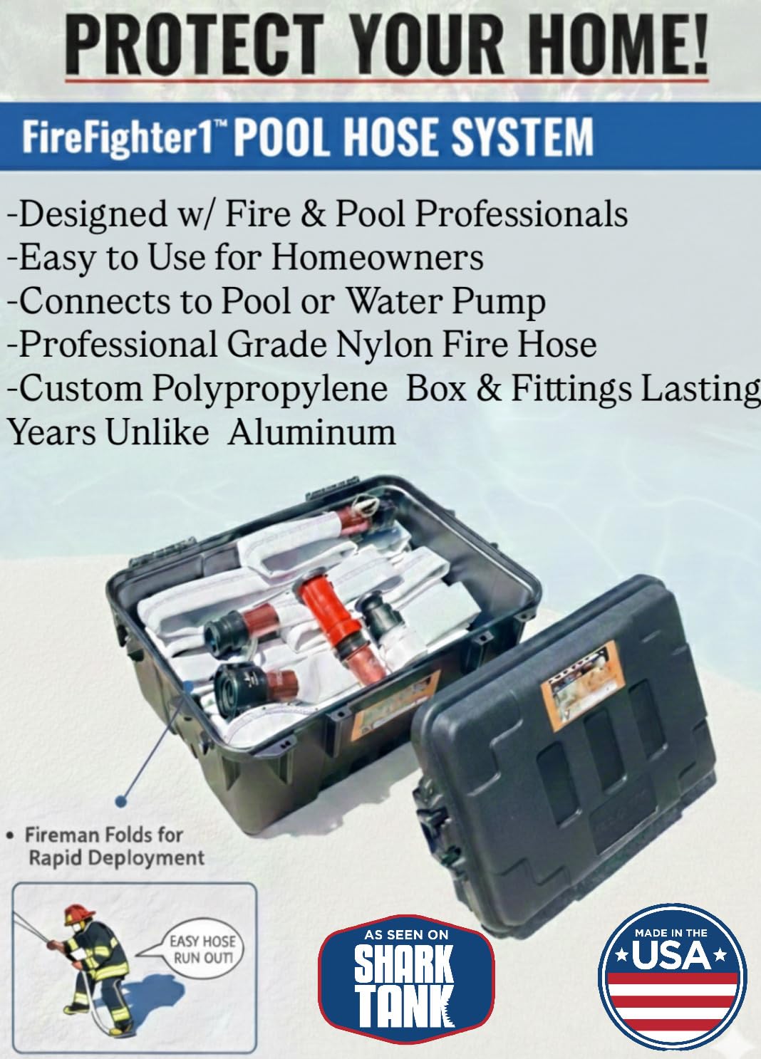 Manguera y boquilla FireFighter1 de 100 pies (manguera de 50 pies con extensión de 50 pies) – Proporciona acceso instantáneo al agua de la piscina durante una emergencia de incendio