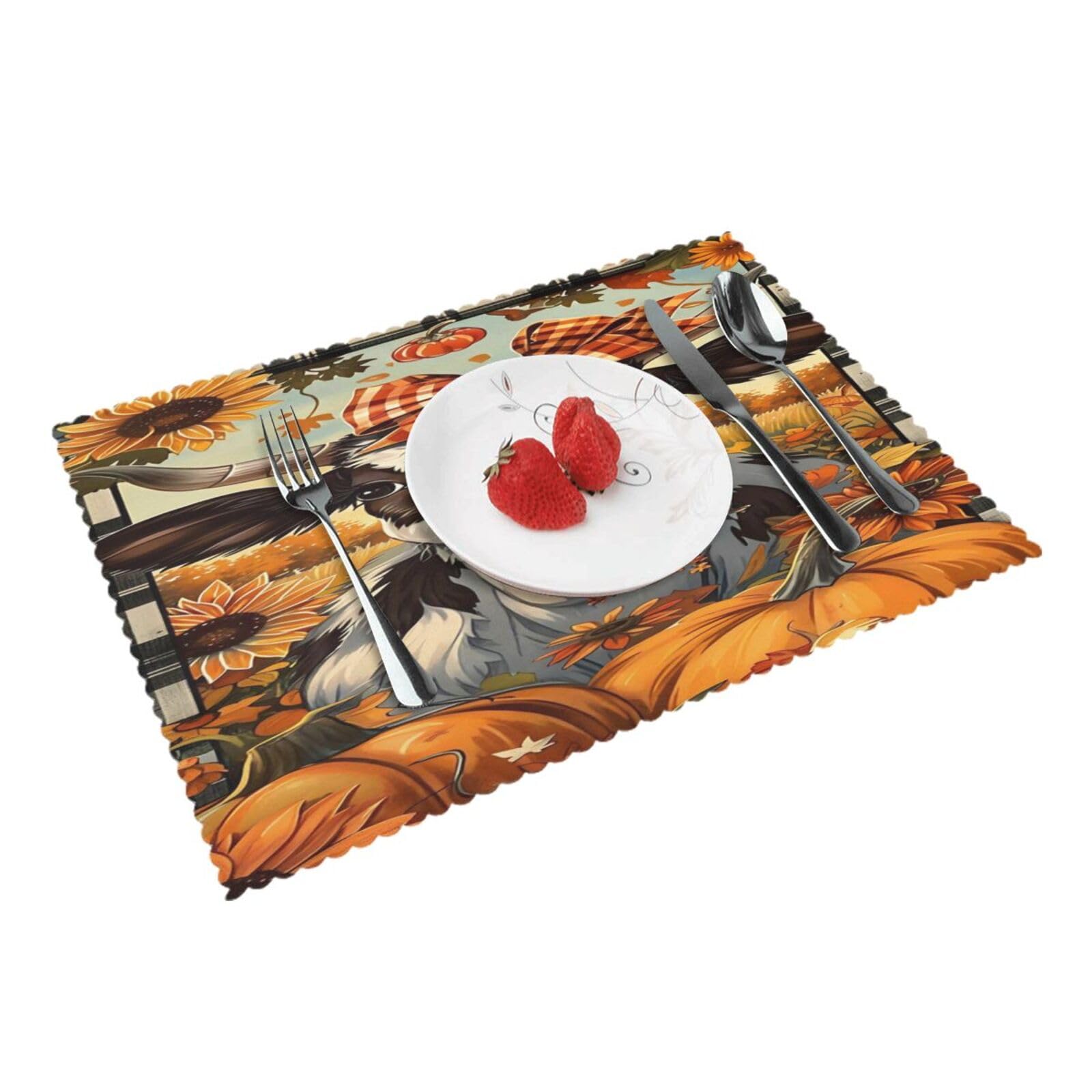Autumn Cow Sunflower Pumpkin (2) Placemats Set of 4 Print Table Mats Place Mats Table Decor for Kitchen Dining 12X18 in