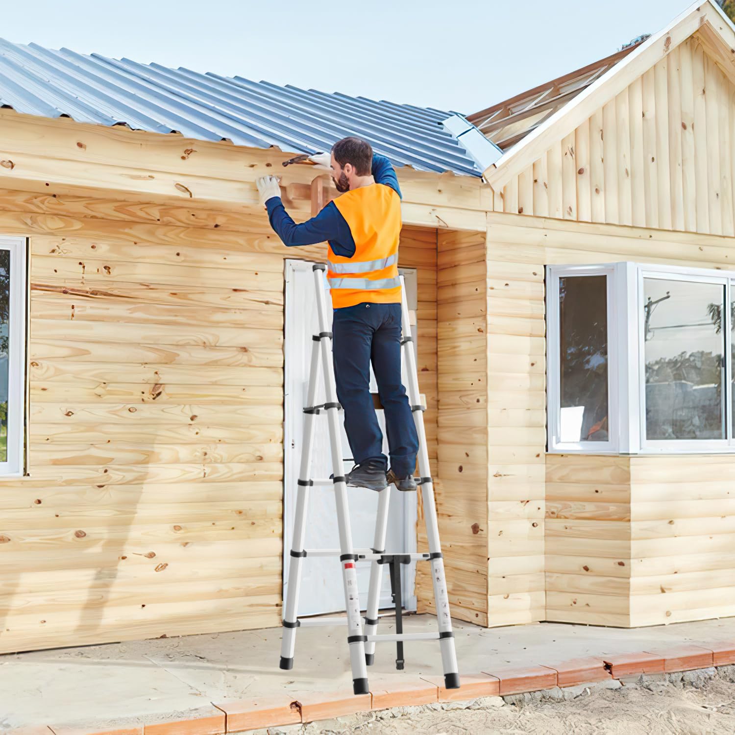 2,0m + 2,3m Klappleiter Teleskop Klappbar Teleskopleiter Aluminiumleiter Ausziehleiter Teleskopleiter Schiebeleiter Stehleiter Leiter Stabilität Maximale Tragkraft von 150kg Gerüstleiter