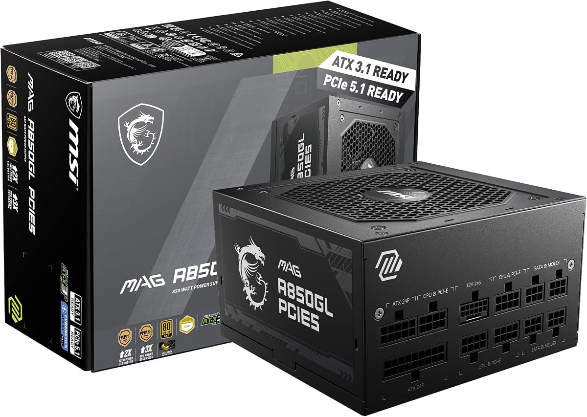 MSI MAG A850GL PCIE5, fuente de alimentación compacta para juegos totalmente modular de 850 W, 80+ Gold, ATX 3.1 y PCIe 5.1, cable nativo de dos colores de 12 V-2x6, 10 años de garantía