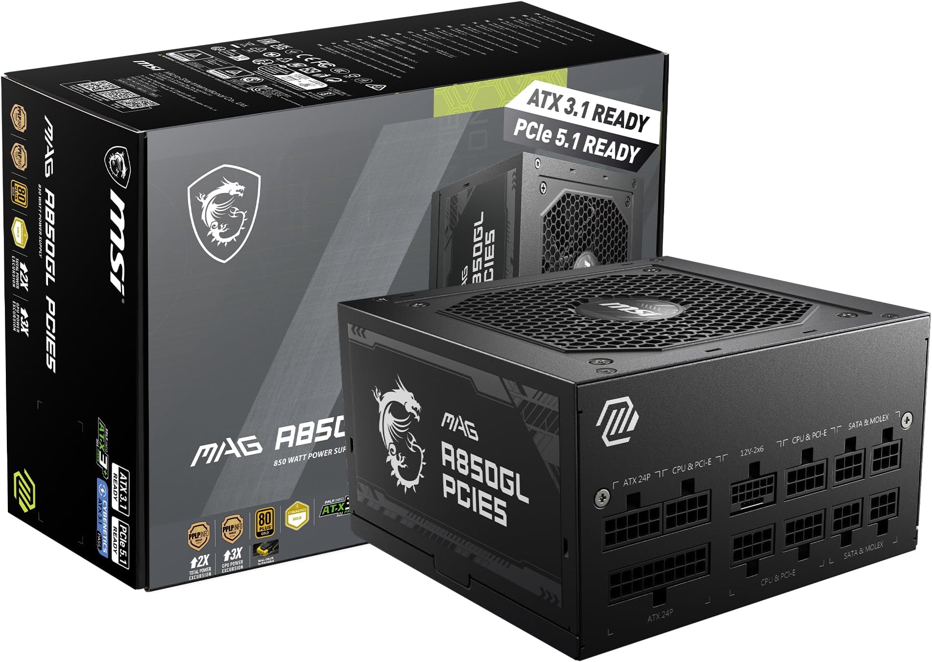 MAG A850GL PCIE5, Fully Modular Compact Gaming 850W Power Supply, 80+ Gold, ATX 3.1 & PCIe 5.1 Ready, Native Dual-Color 12V-2x6 Cable, 10 Year Warranty