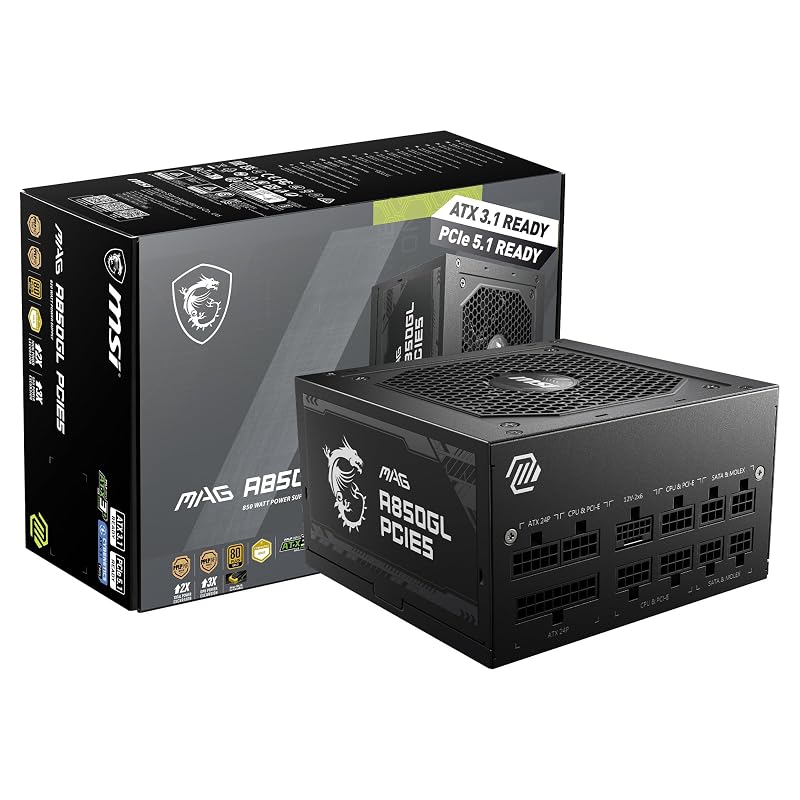 MSI MAG A850GL PCIE5, Fully Modular Compact Gaming 850W Power Supply, 80+ Gold, ATX 3.1 & PCIe 5.1 Ready, Native Dual-Color 12V-2x6 Cable, 10 Year Warranty