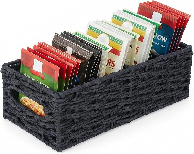 Panier d'organisateur de packet d'assaisonnement, 4-Compartment Épice & Panier de rangement alimentaire pour cellier, cuisine, armoire, comptoir, collations, poches, paquets d'épices, noir