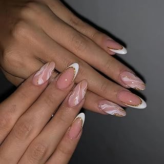 White French Tips Press on Nails Medium Almond Fake Nails With Marble Design Gold Swirl Glue On Nails Nude Stick on Nails Glitter False Nails Glossy Reusable for Women Girls Manicure 24pcs