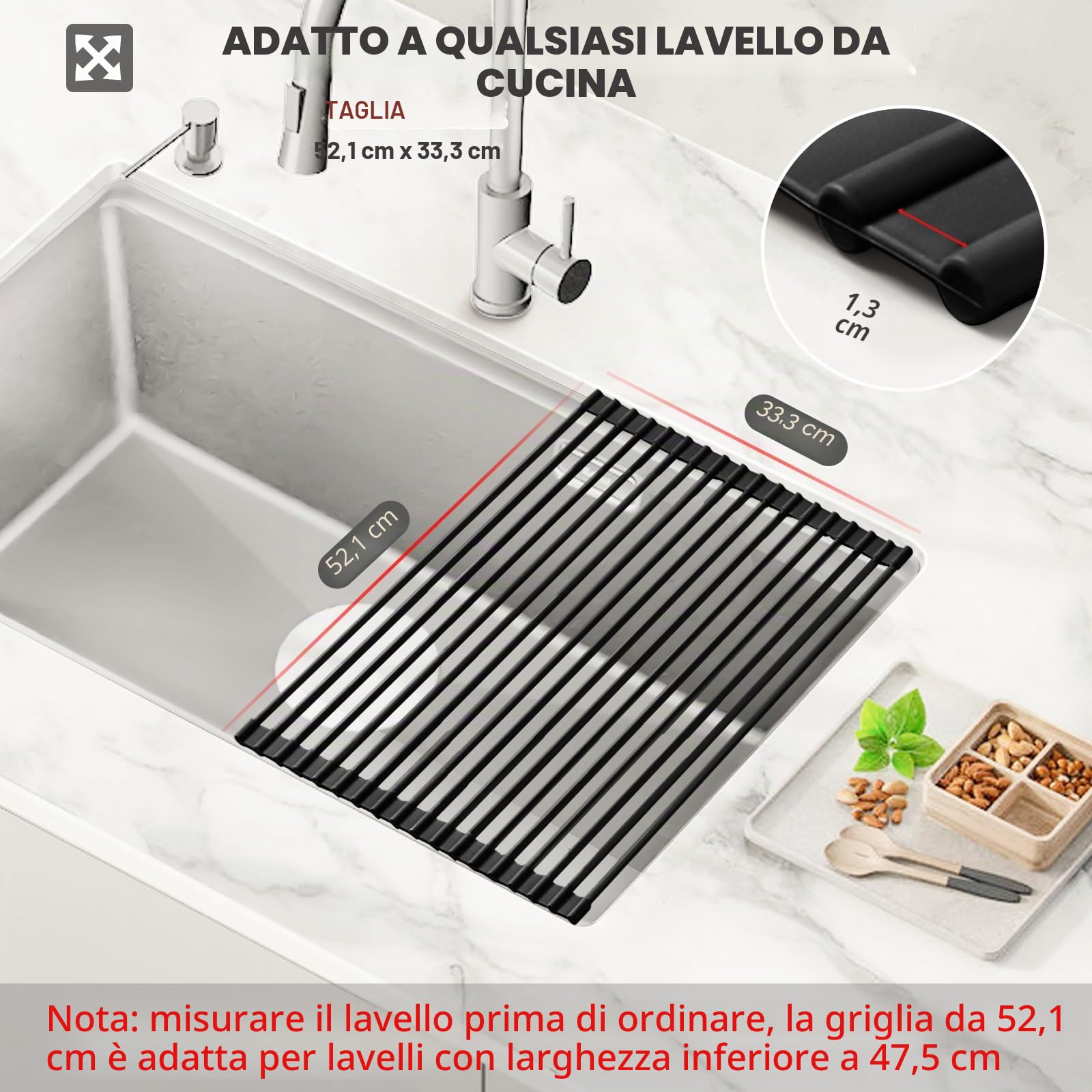 MERRYBOX Scolapiatti arrotolabile in silicone, 52 x 33 cm, multiuso, pieghevole, resistente al calore e antiruggine, per lavello da cucina, grande, nero