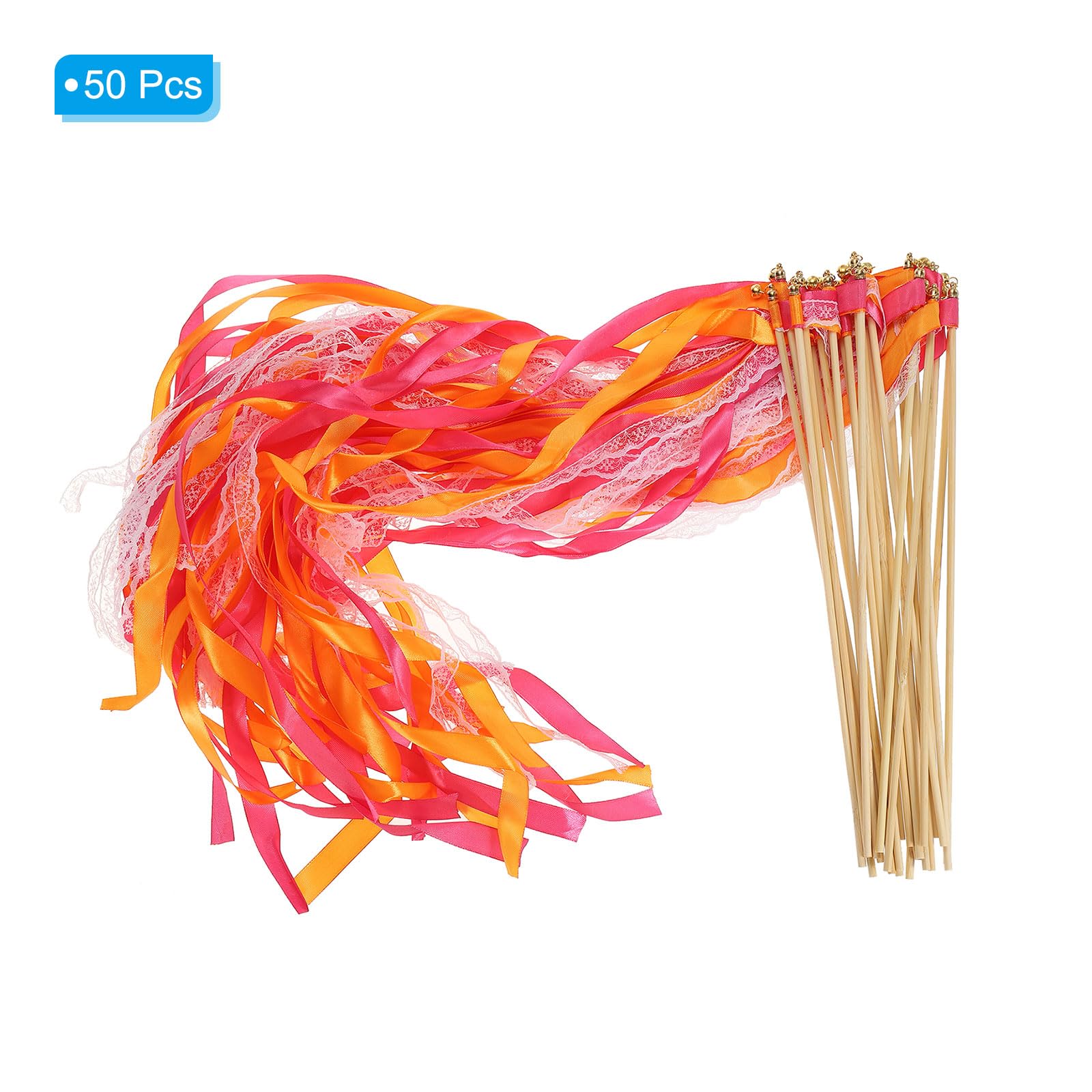 PATIKIL Schleife Sticks Feenstäbe 50 Pack Spitze Seide Feenstab Wand Versand Luftschlangen für Hochzeit Party Geburtstag Urlaub Feiern Fuchsie/Orange