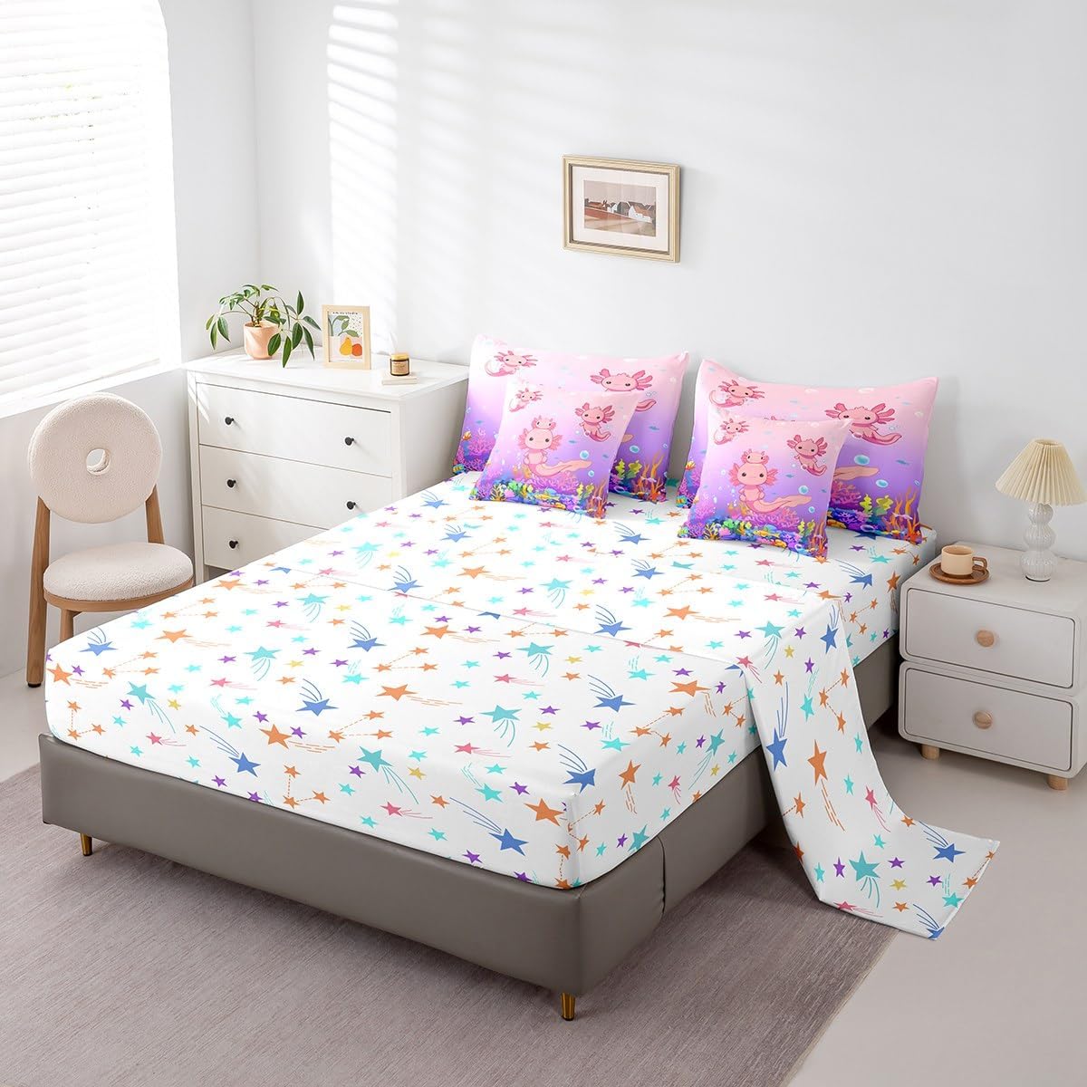 Feelyou Kids Cute Axolotl 7 Pieces Bedding Set Twin Size, Ocean Sealife Bed in A Bag Boys Girls Kawaii Comforter Set with Sheets Cartoon Salamander Teens Bed Set Bedroom Decor 7Pcs