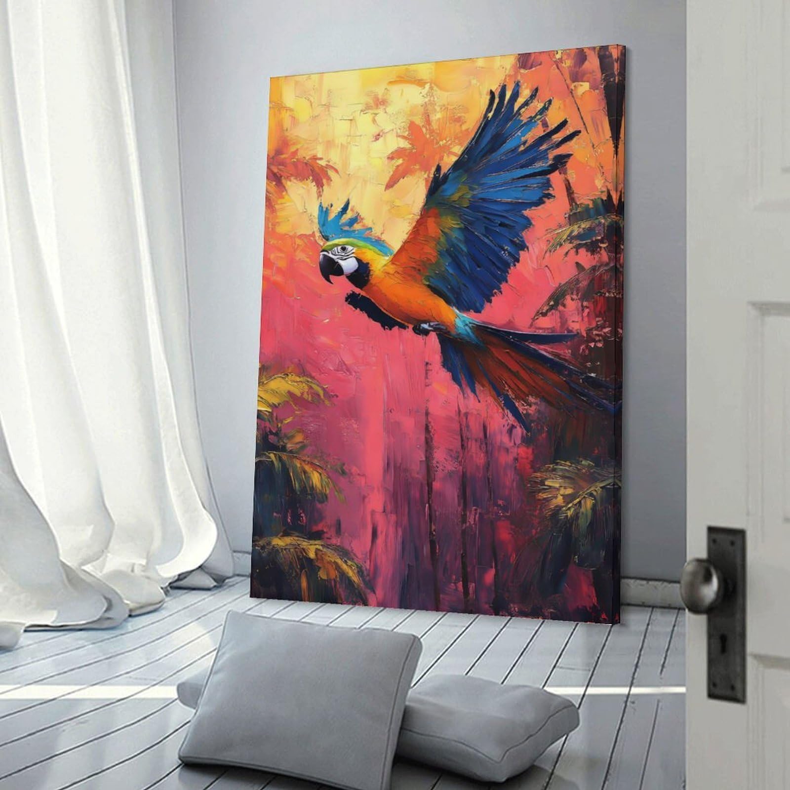 Junmoney Frame-Style-22 Macaw In Flight Canvas Wall Picture, 20X30inch(50X75cm), For Study, Office Or Focused Interiors, Home Office Artwork With Decorative Appeal