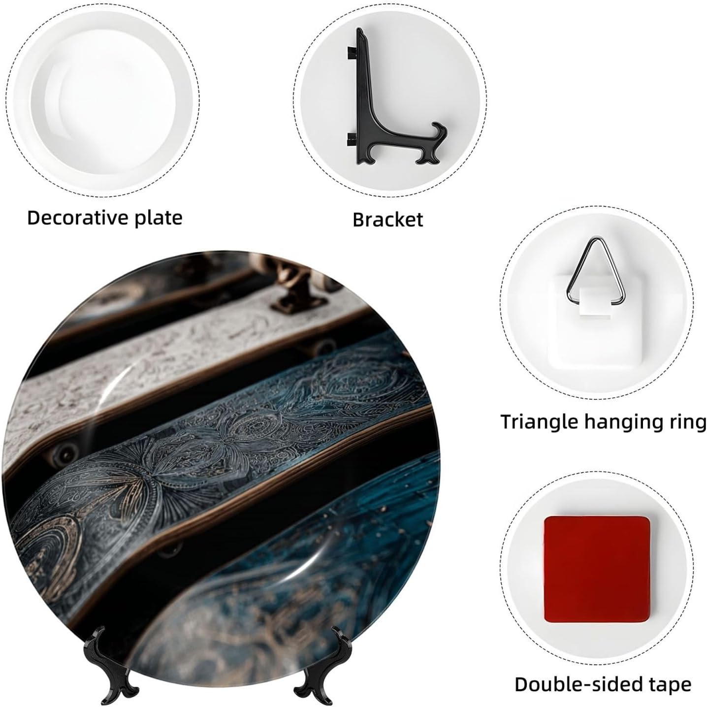 Decorative Plate 10in Bone China Dessert Plates with Display Stand Ceramic Ornament Ceramic Skate board Decorative Plates Art Crafts Porcelain Plate for Home Club Living Room