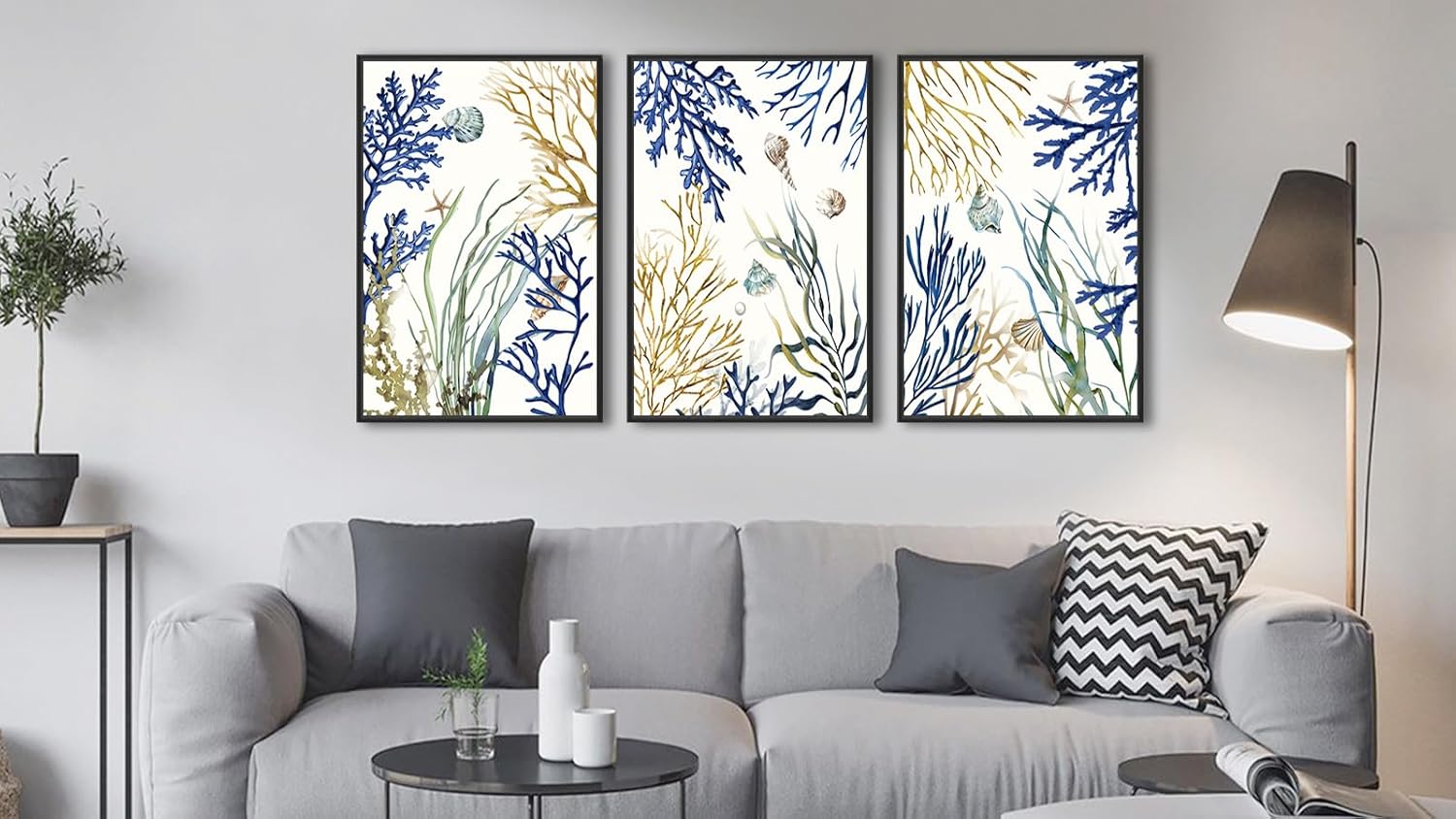 Large Framed Ocean Wall Art - Navy Brown Coral Wall Decor 20"x28" Set of 3 Coastal Wall Art Prints Starfish Shell Conch Paintings Pastel Beach Canvas Pictures for Living Room Bedroom Bathroom