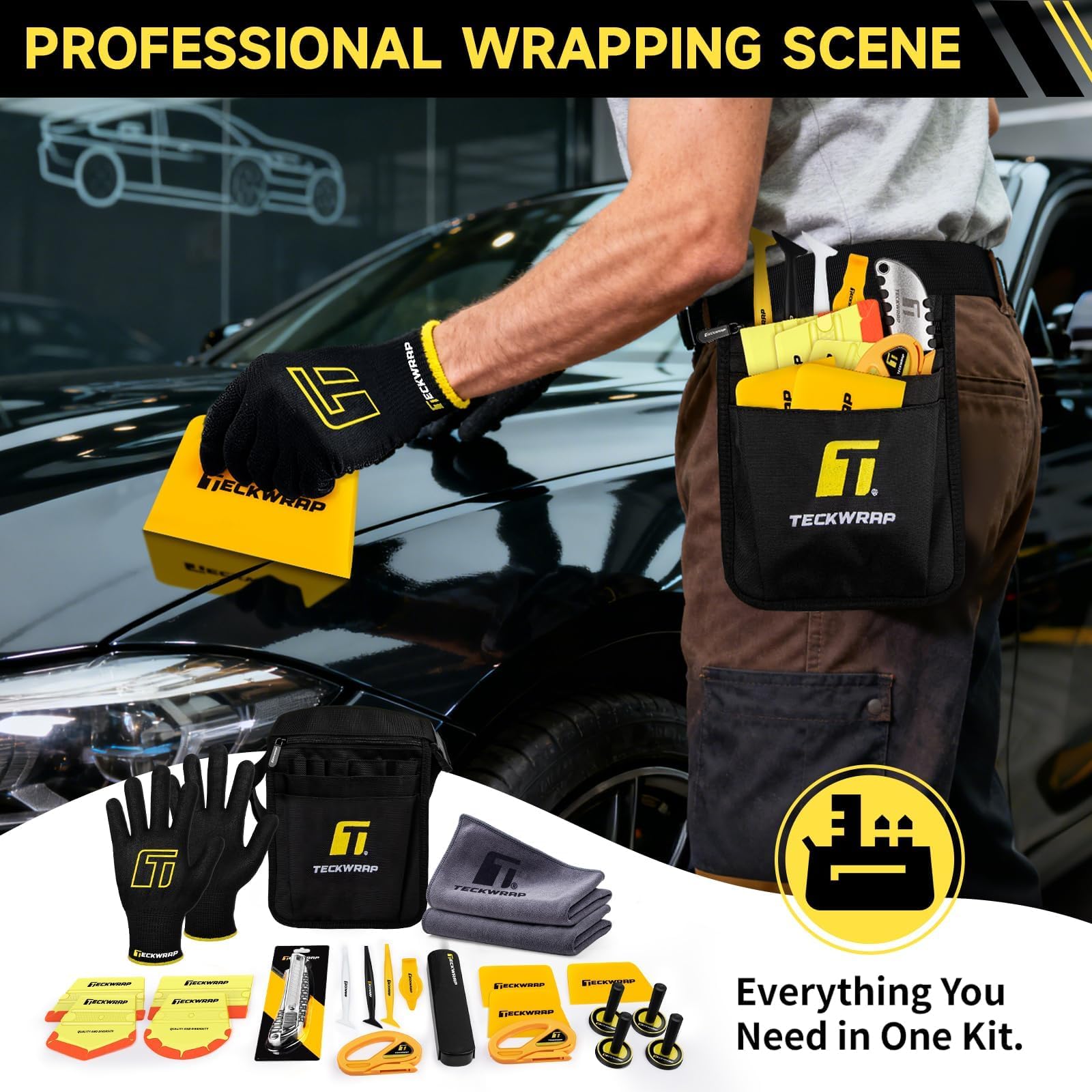 TECKWRAP Lot de 22 Outils en Vinyle pour Voiture - Raclette, Couteau, Cutter de sécurité, Gants Anti-coupures, aimants et Pochette à Outils pour Emballage de véhicule