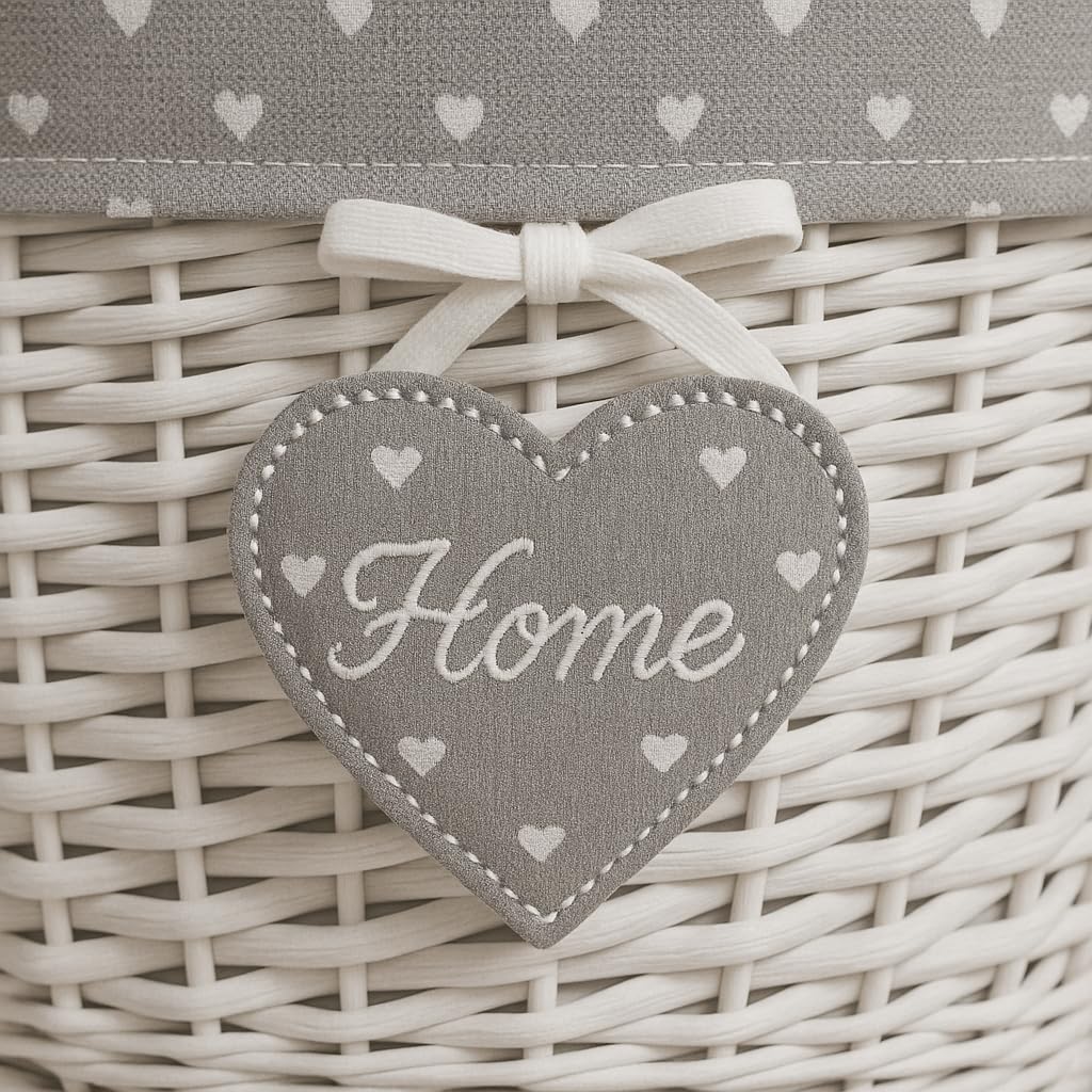 CESTA OVALE IN VIMINI BIANCA DECORO CUORE PORTABIANCHERIA 49*36*55 CM