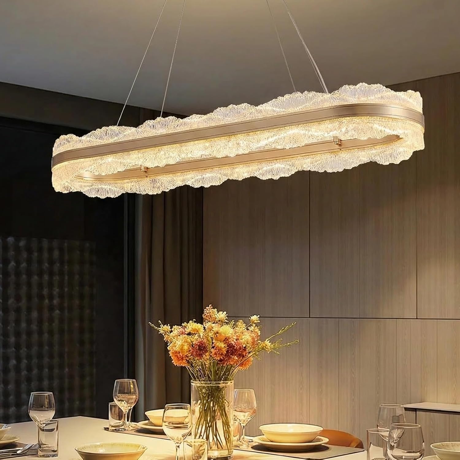 Rectangle LED Chandelier, 𝐋𝟑𝟗.𝟒" Modern Gold Chandelier Light fixture, Height Adjustable Oval chandeliers Contemporary Pendant Ceiling Light for Dining Room Living Room Kitchen Island Bar