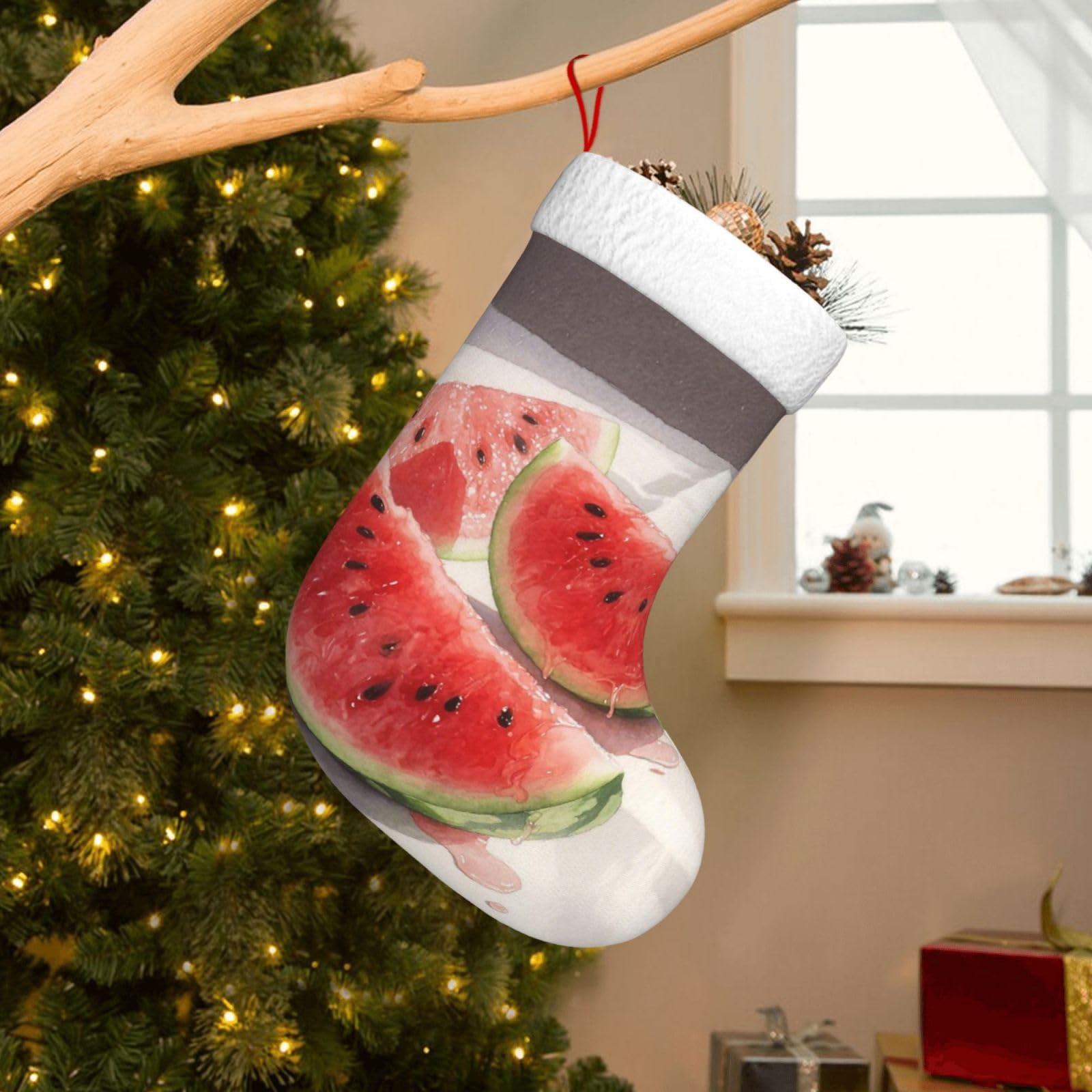 Velvet Christmas Stockings 17.7 Inch, Watermelon Red Slices Xmas Stocking with Soft Cuff,Classic Personalized Christmas Tree Decoration for Family Holiday New Year Party Supplies