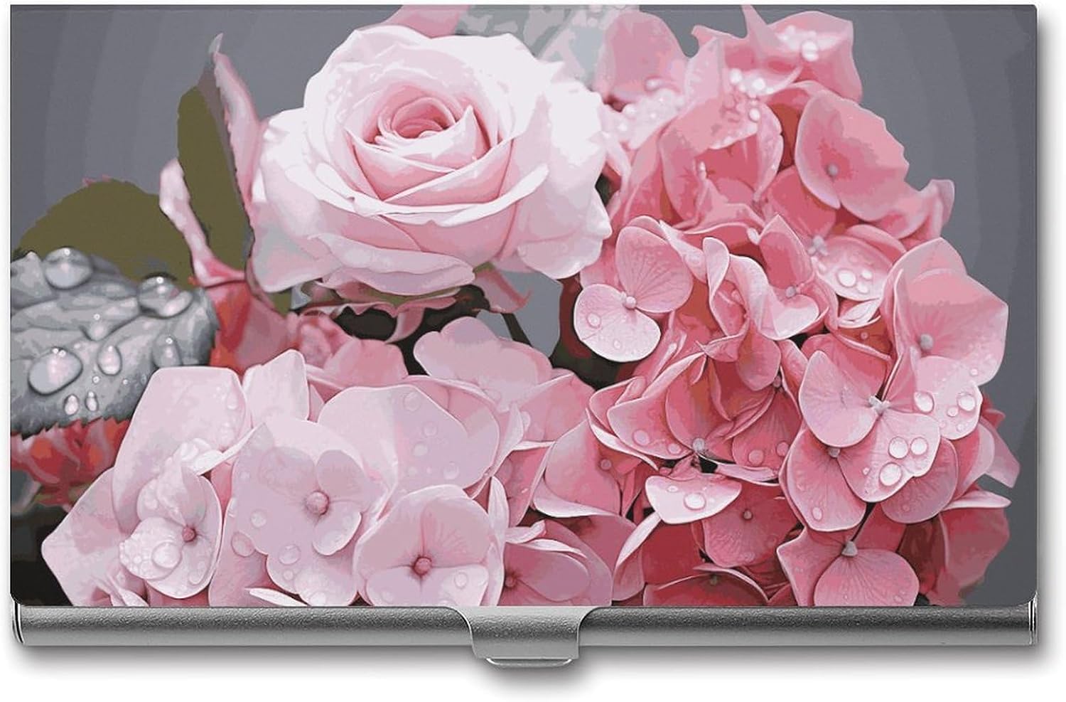 Pink Rose Hydrangea Business Card Case for Women Or Men Snaps Closed Portable Name Holder Credit Card Holder for Business Meeting Use