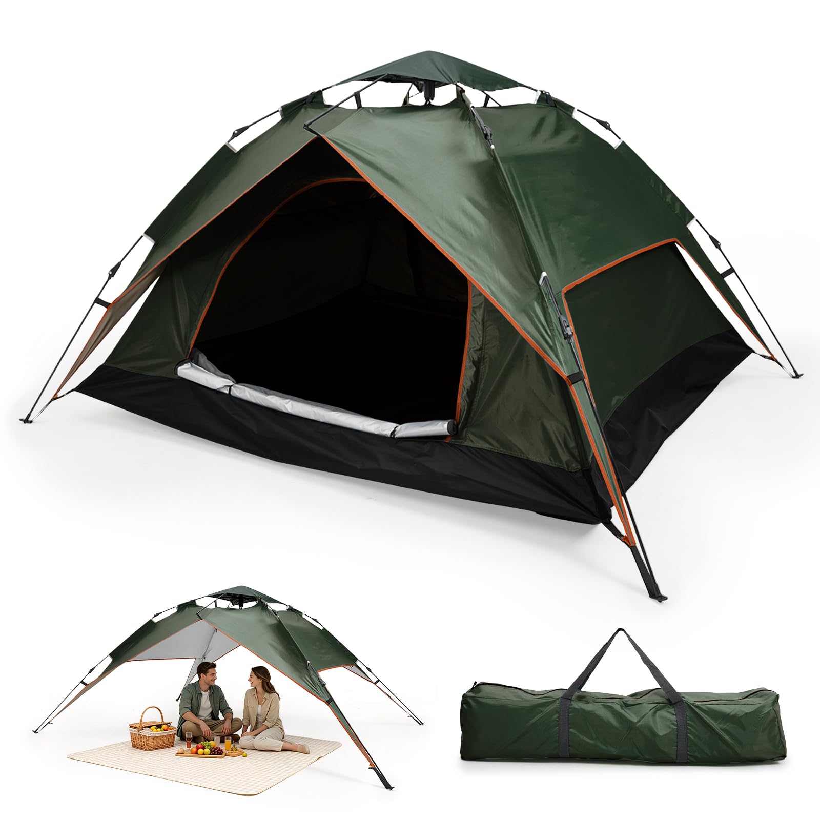 Warmiehomy Pop Up Tent 2-3 Person, Automatic Instant Setup Camping Tent with Detachable Outer Tent, Double Layer Waterproof Dome Tent for Outdoor Hiking, Backpacking & Picnic, Green