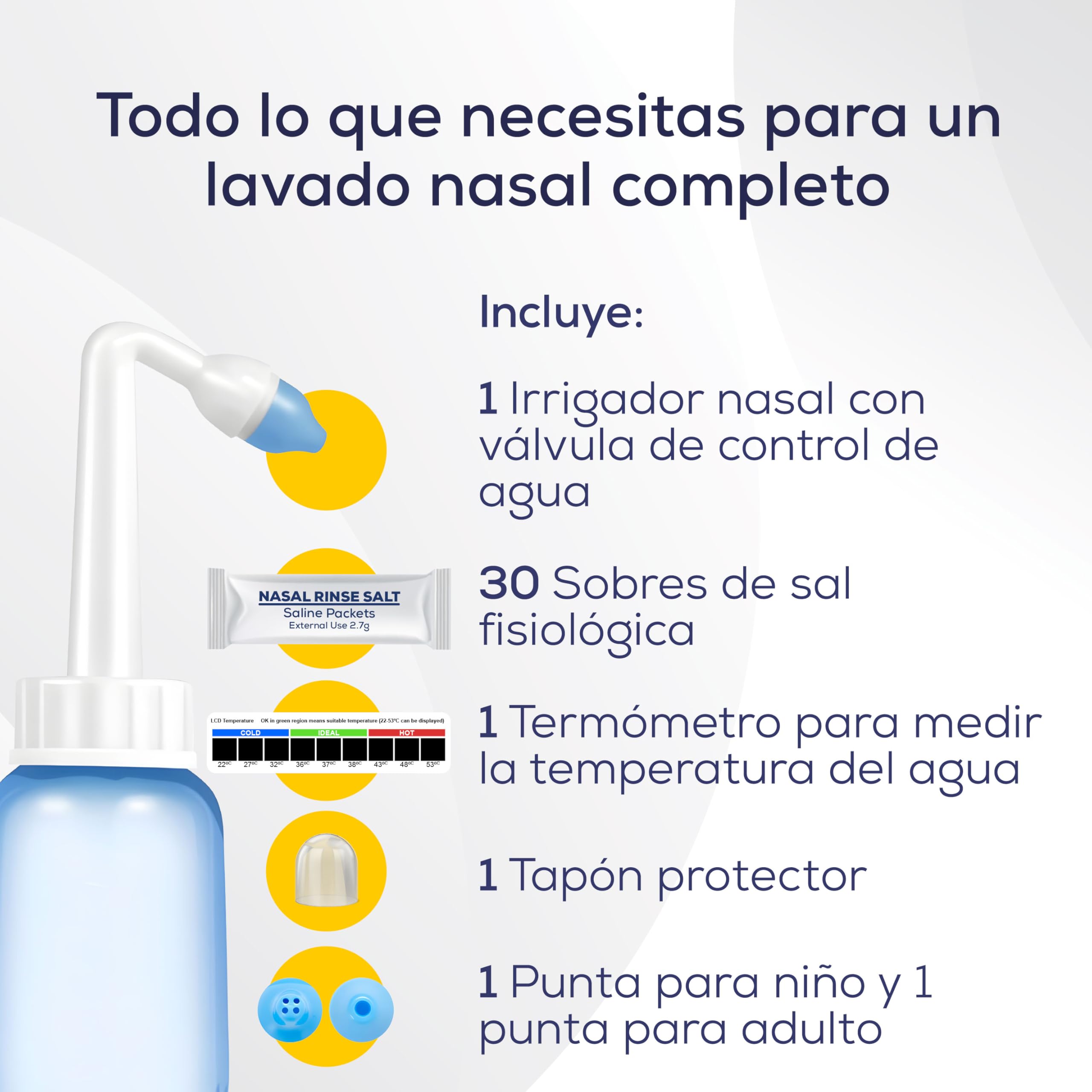 Kit de Lavado Nasal con Válvula de Control de Agua – Irrigador Nasal con 30 Sobres de Sal – Puntas para Adultos y Niños – Limpieza Nasal Diaria - Incluye termometro - Capacidad de 300ml