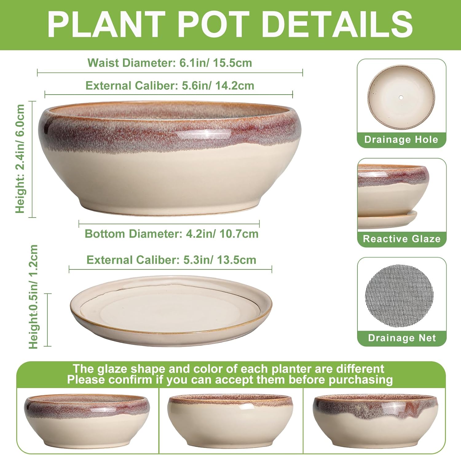 SQOWL Small Bonsai Pots - 6 Inch Ceramic Plant Pots for Succulents, Shallow Planter with Drainage Hole and Saucer, Round Planters for Indoor Outdoor Cactus Plants, House Decor, Birthday Gifts, Beige image 2