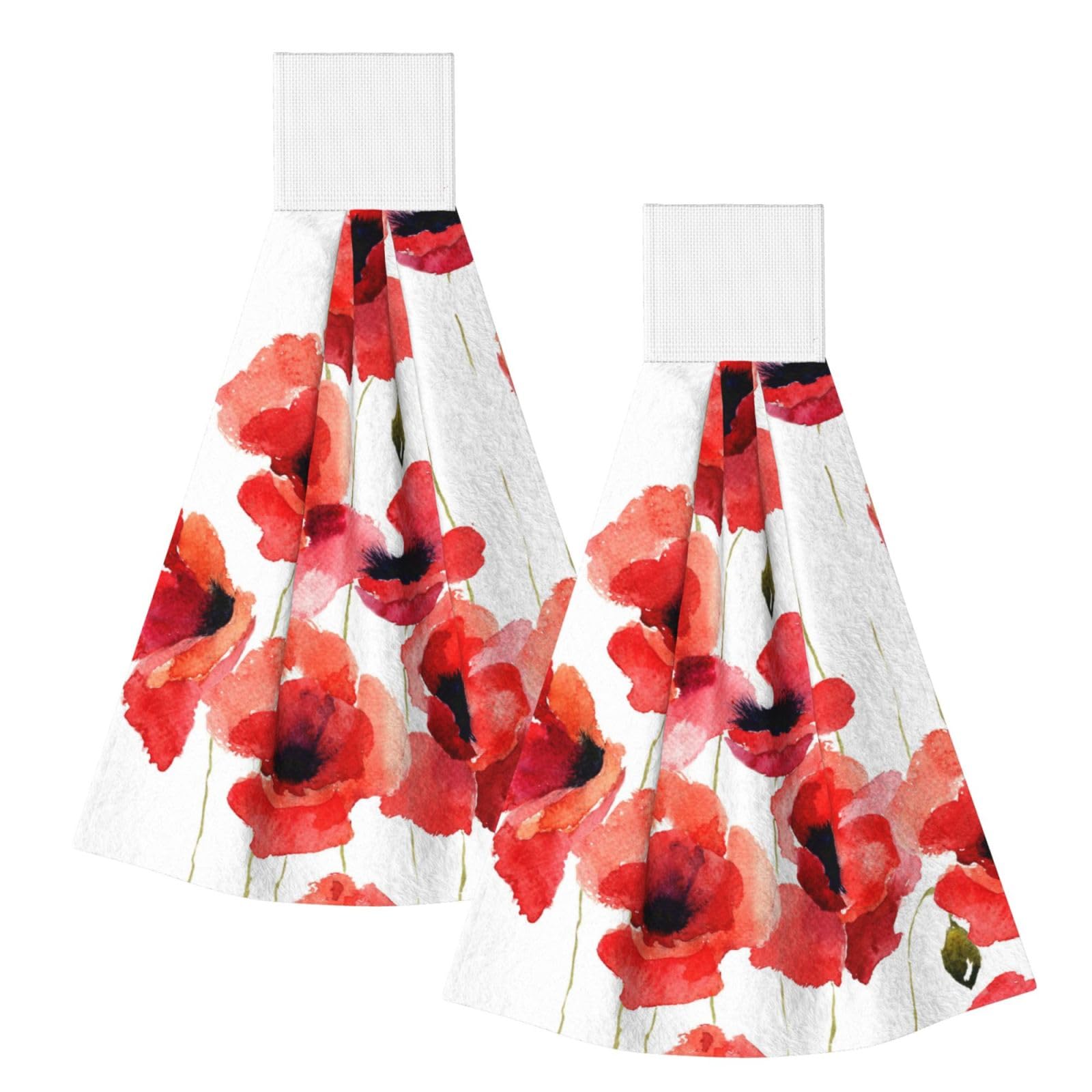 DOPKLNA Watercolor Painting Red Poppy Floral, 2 Pcs Hanging Coral Fiber Hand Towels for Bathroom, Absorbent Kitchen Towels