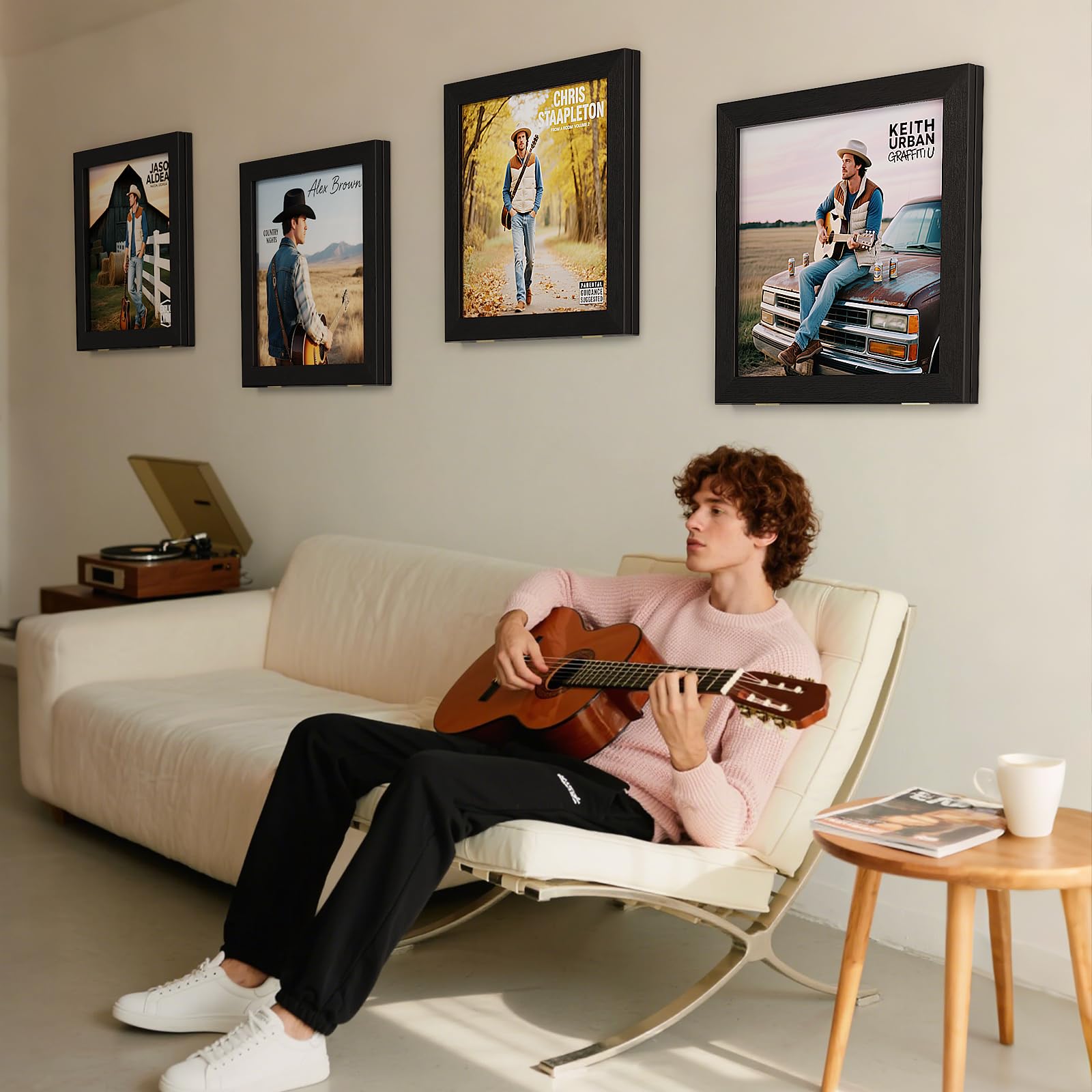 2 Pièces Meuble Vinyle, Ouverture sur le Mur Avant, Bois Cadre Photo Vinyle pour Présenter les Disques Poster, pour Exposer les Pochettes de Disques Vinyles 12x12 (Noir Mince)