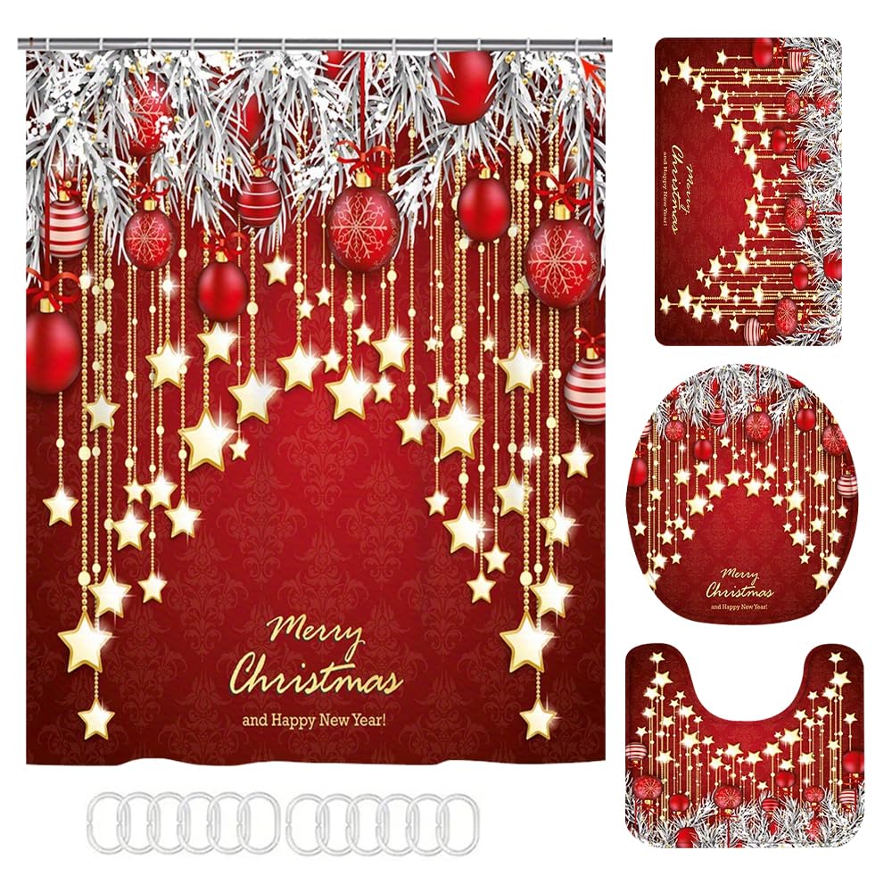 Ensemble de Rideaux de Douche de Noël, 4 Ensembles de Salle de Bain Noël avec Rideau de Douche(180x180cm), Tapis Couvercle de Toilette, U-förmiger Badematte, Tapis-Sol sans Glissement