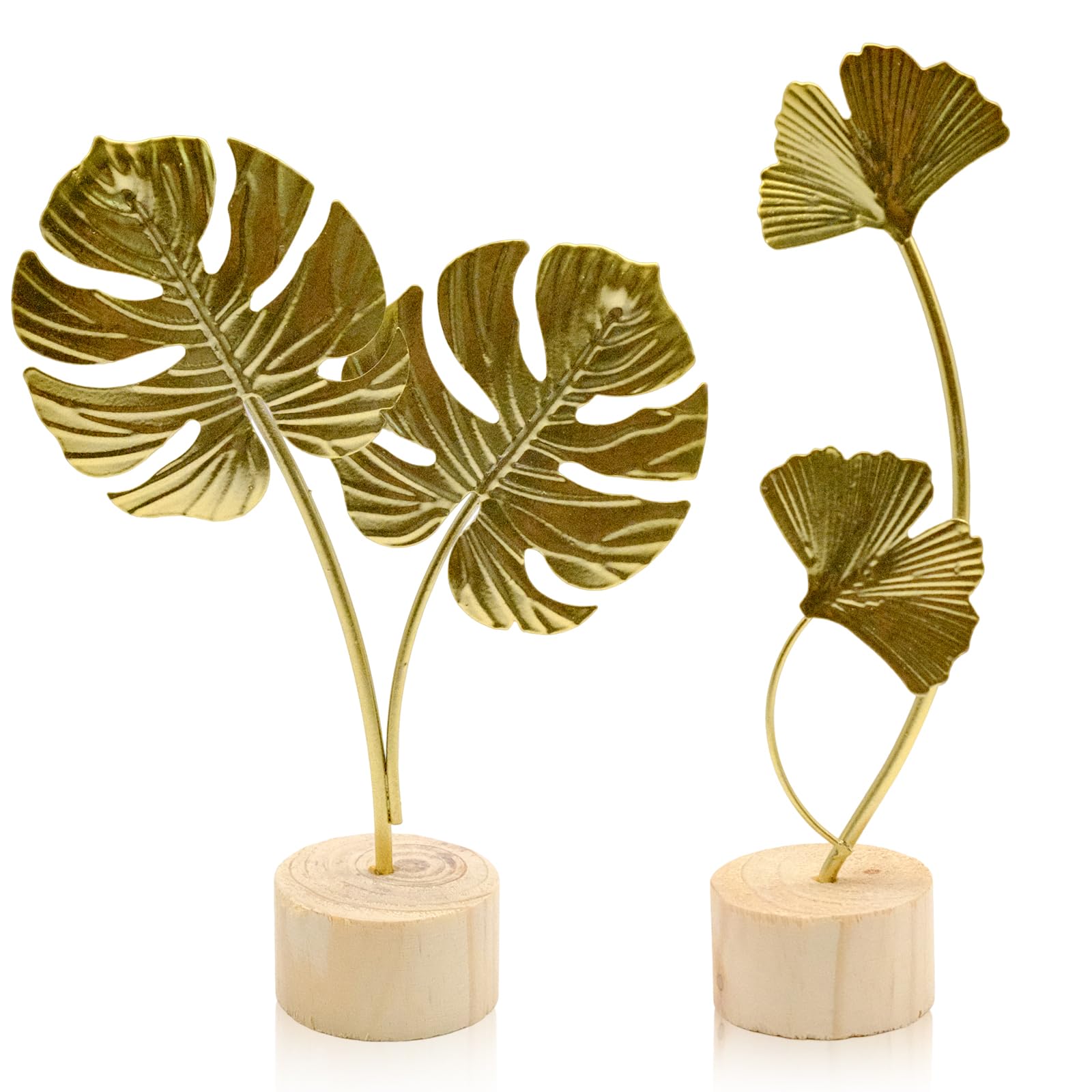 Fahibin 2Pcs Ginkgo Leaf Statue, Metal Leaves Gold Ornaments Sculptures, Gold Ginkgo Leaf Desktop Decoration Sculpture for Office, Bedroom, Bookshelf