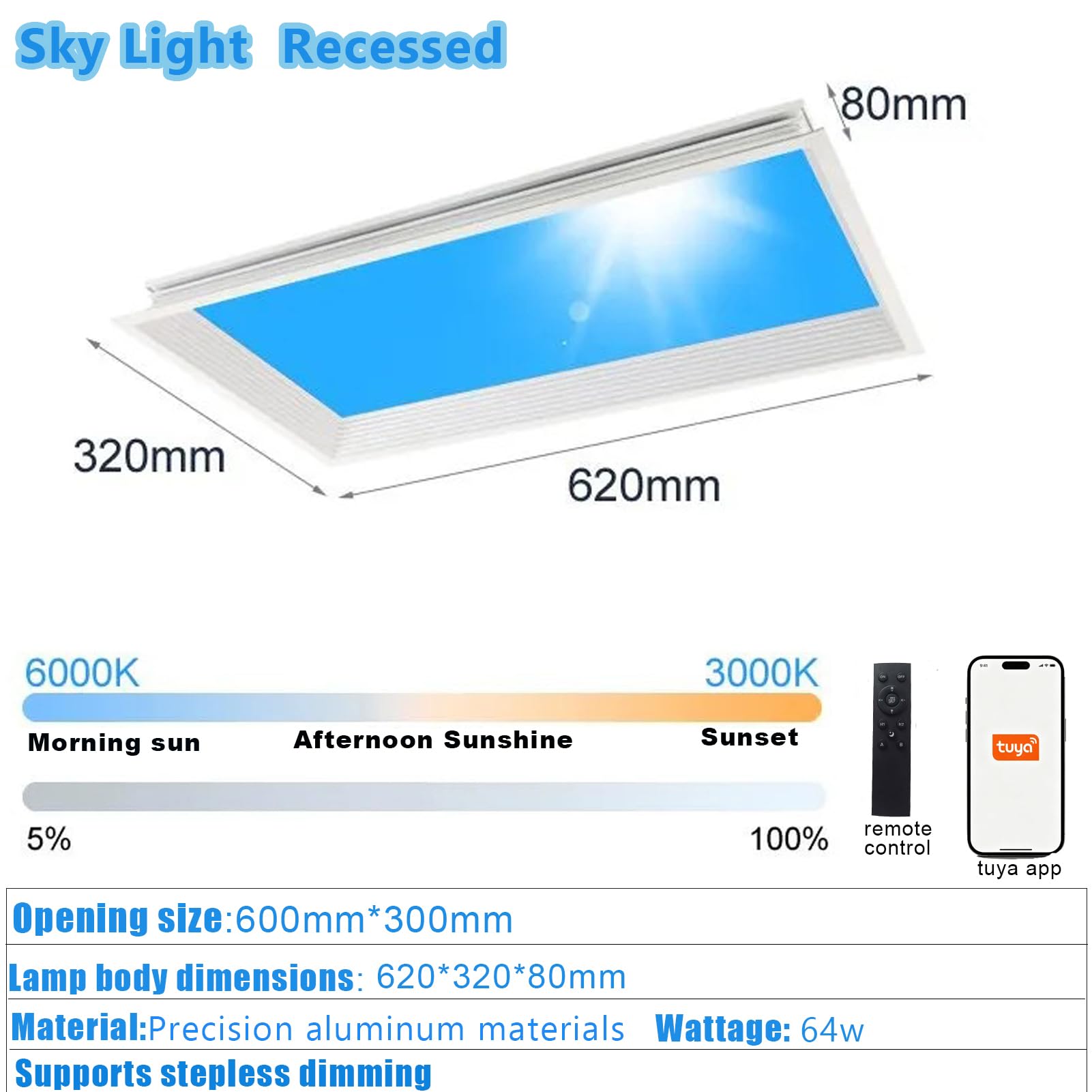 Smart Blue Sky Light Deckenleuchte Künstliches Oberlicht Einbauleuchte Ferngesteuerte Dimmbare LED Skylight Lampe 3000K-6500K Tageslichtsimulation Keller Wohnzimmer Flur,620 * 320 * 80